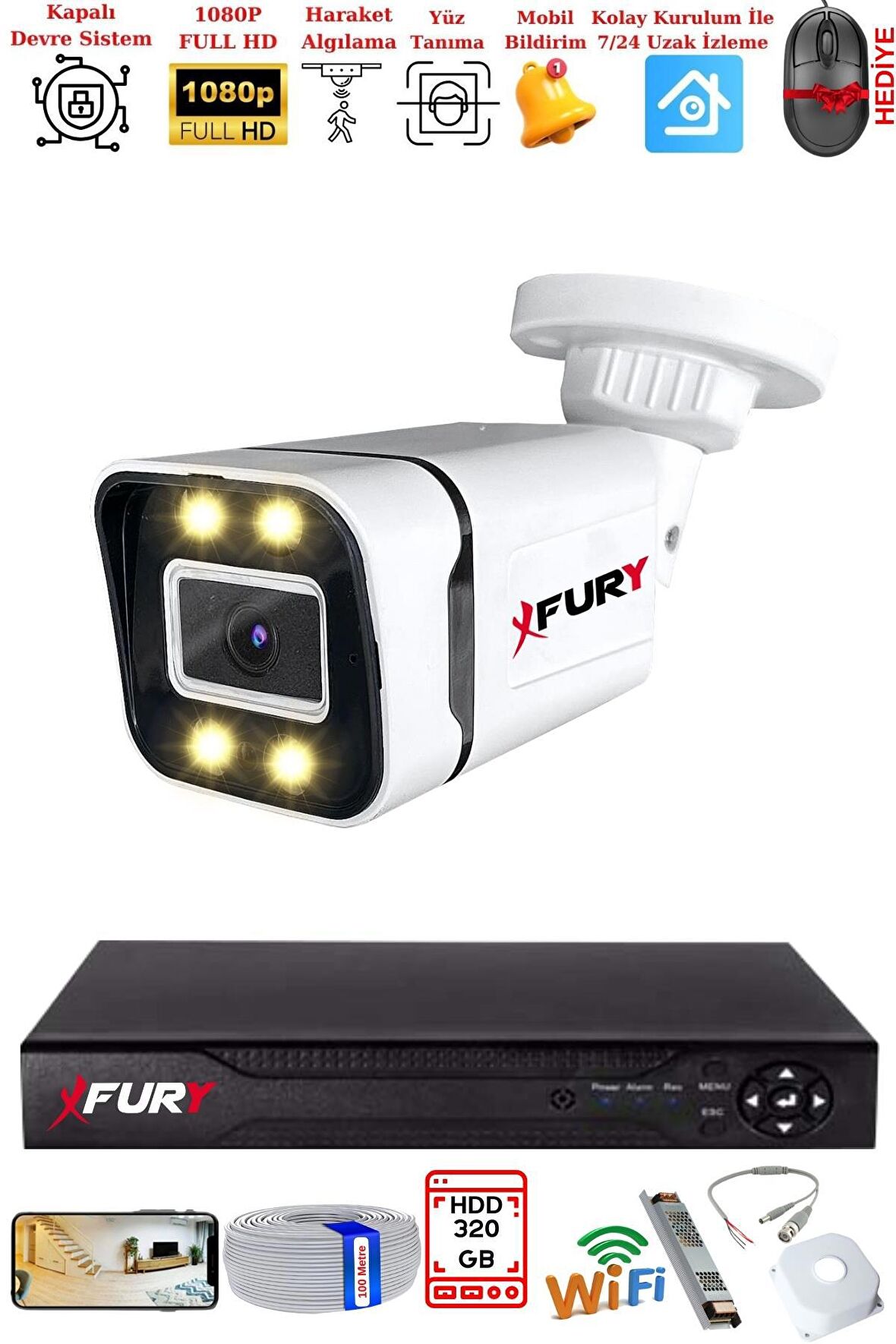 FURY 1 Kameralı 1080P Görüntü Gece Renkli Full Hd 4 x Ultra Led Gece Renkli Güvenlik Kamerası Seti 320GB