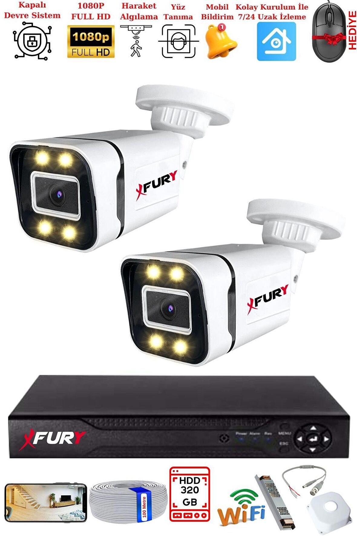 FURY 2 Kameralı 1080P Görüntü Gece Renkli Full Hd 4 x Ultra Led Gece Renkli Güvenlik Kamerası Seti 320GB