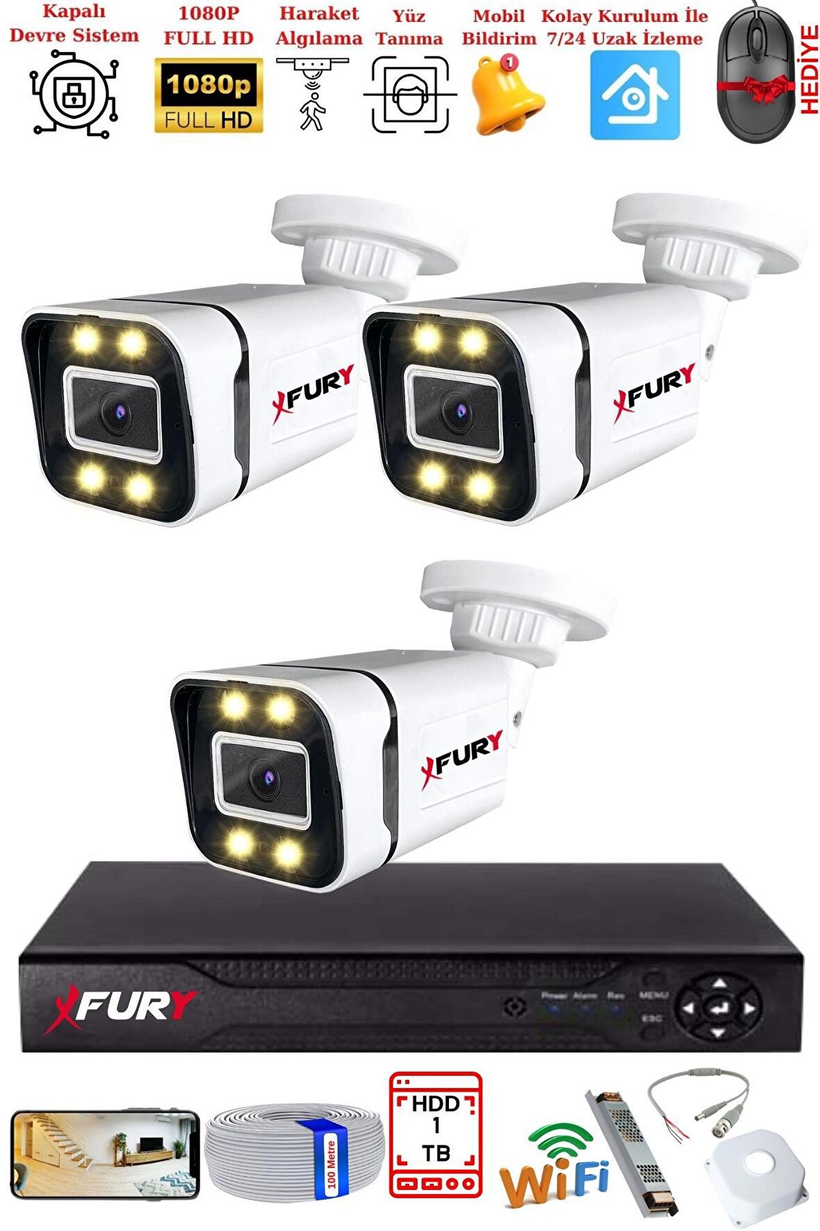 FURY 3 Kameralı 1080P Görüntü Gece Renkli Full Hd 4 x Ultra Led Gece Renkli Güvenlik Kamerası Seti 1TB
