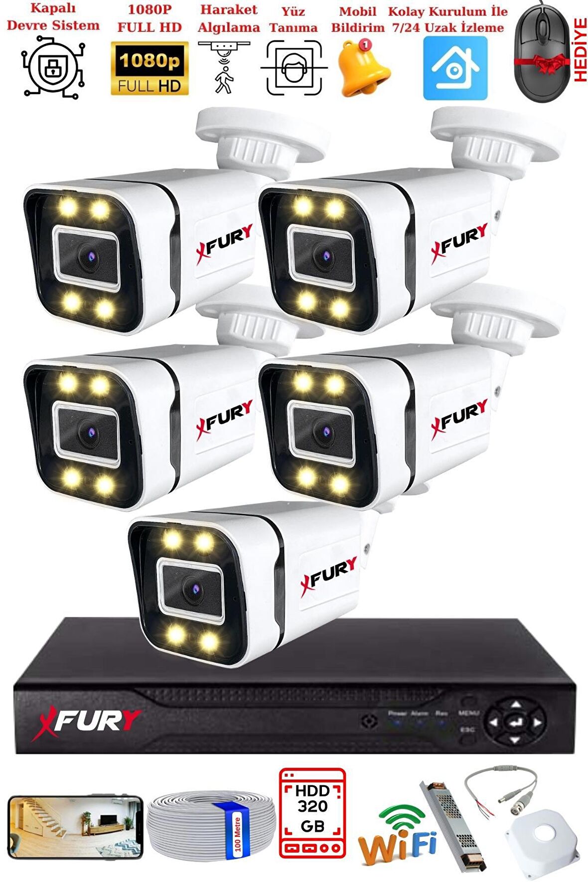 FURY 5 Kameralı 1080P Görüntü Gece Renkli Full Hd 4 x Ultra Led Gece Renkli Güvenlik Kamerası Seti 320GB