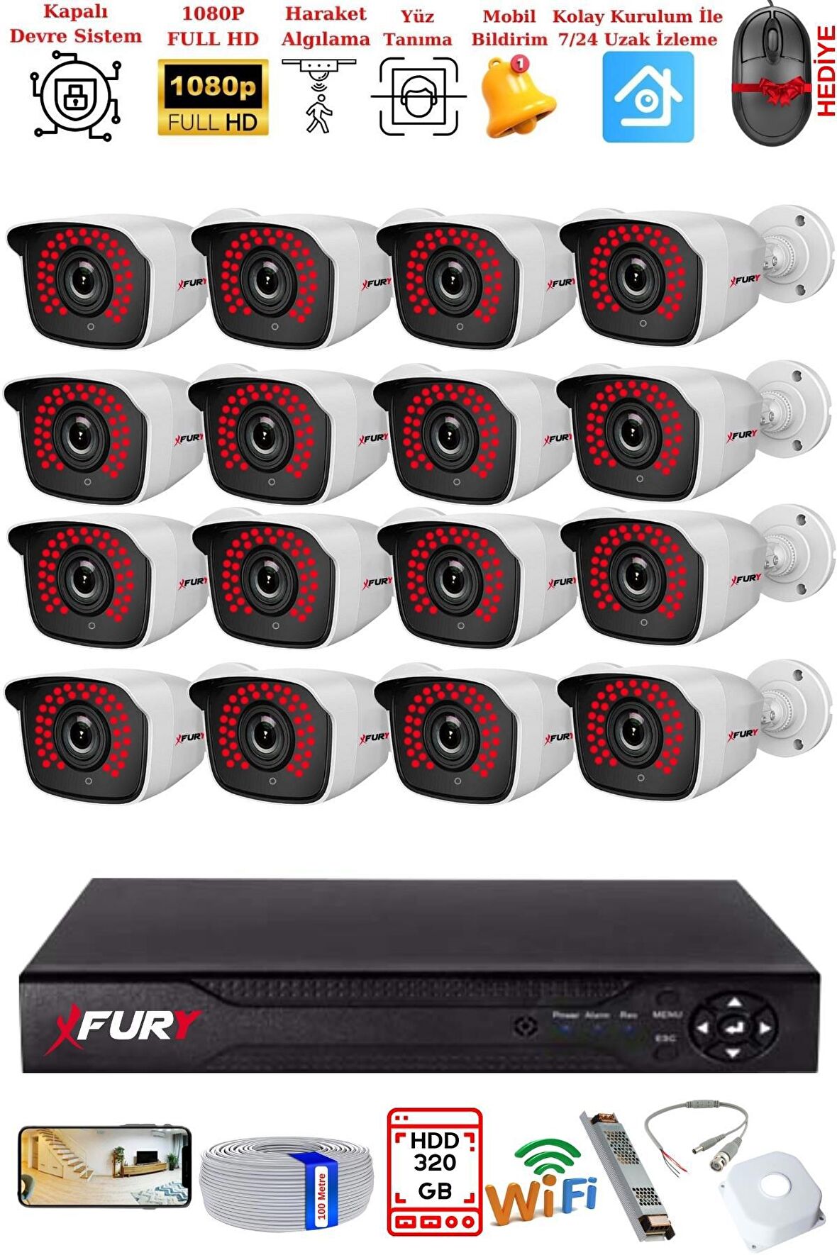 FURY 16 Kamera Geniş Açı 1080P FullHD Görüntü 36 Led Gece Görüşlü-Su Geçirmez  Güvenlik Kamera Seti 320GB