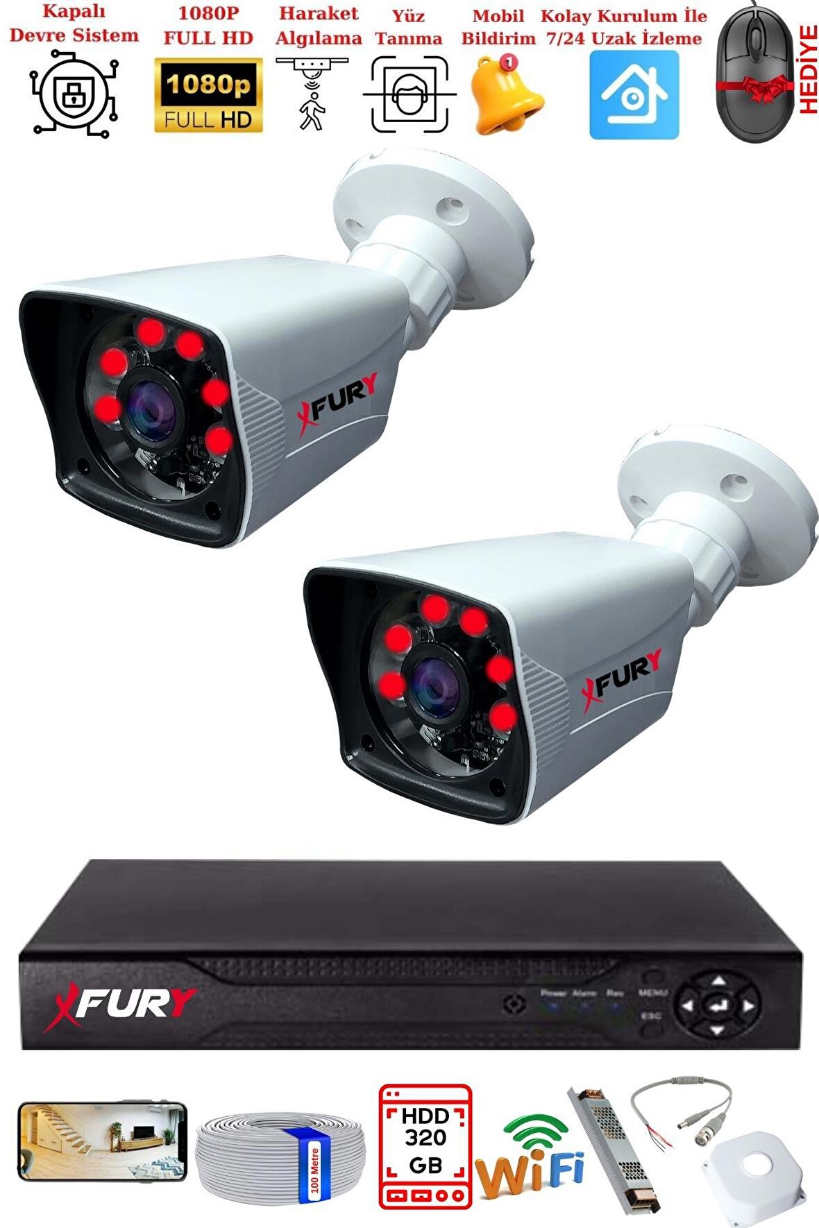 FURY 2 Kameralı 2MP Full HD Görüntü 6 Atom Led Gece Görüşlü Dış Mekan Güvenlik Kamerası Seti 320GB