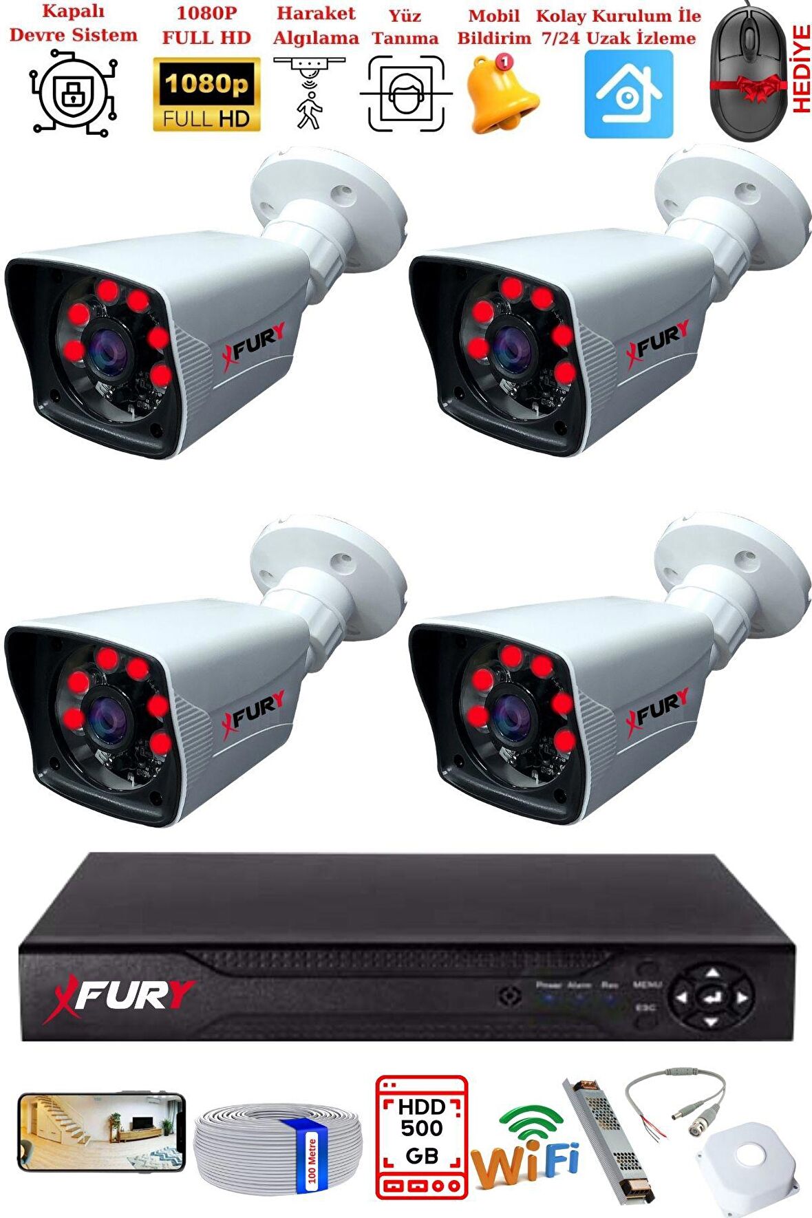 FURY 4 Kameralı 2MP Full HD Görüntü 6 Atom Led Gece Görüşlü Dış Mekan Güvenlik Kamerası Seti 500GB