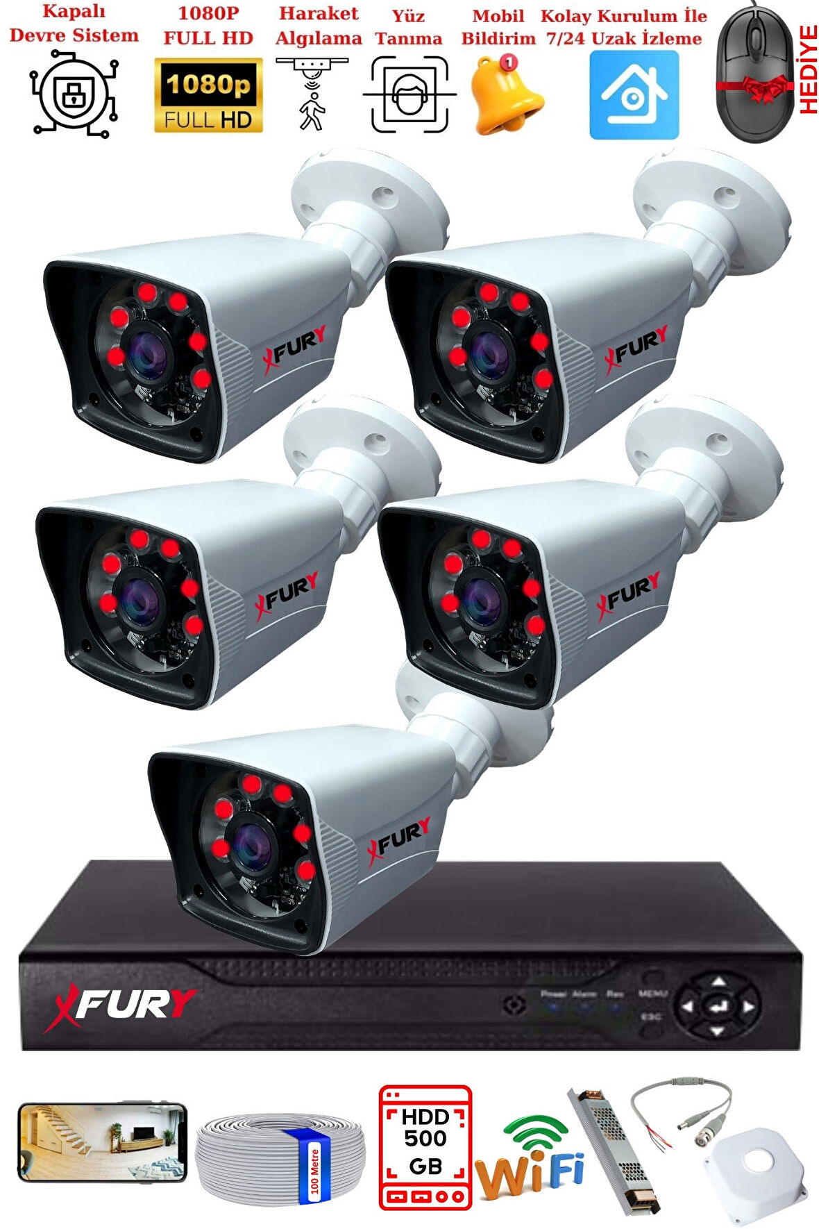 FURY 5 Kameralı 2MP Full HD Görüntü 6 Atom Led Gece Görüşlü Dış Mekan Güvenlik Kamerası Seti 500GB