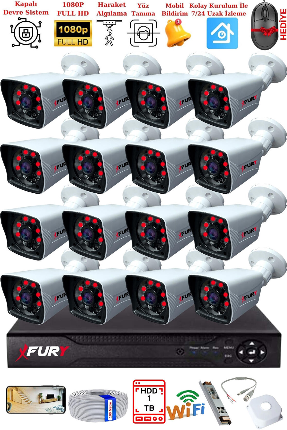 FURY 16 Kameralı 2MP Full HD Görüntü 6 Atom Led Gece Görüşlü Dış Mekan Güvenlik Kamerası Seti 1TB
