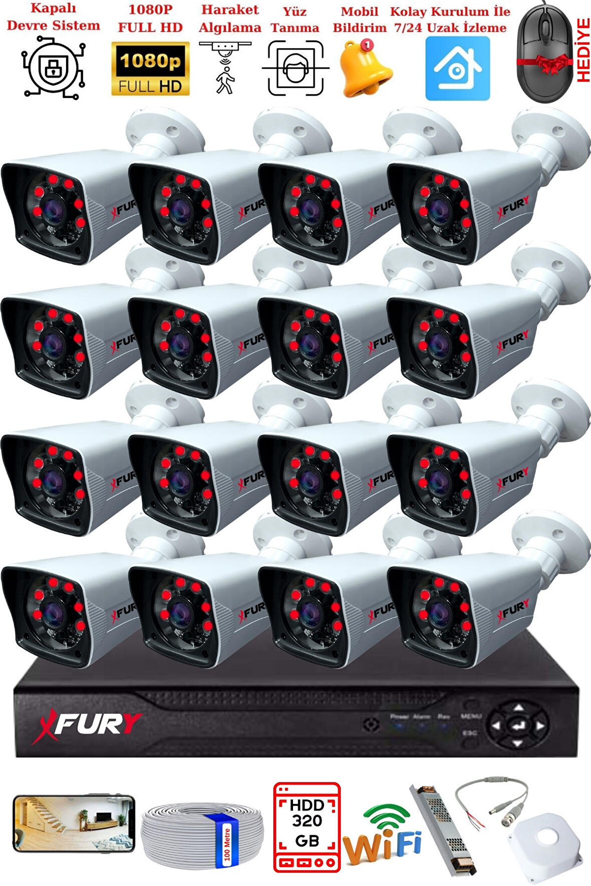 FURY 16 Kameralı 2MP Full HD Görüntü 6 Atom Led Gece Görüşlü Dış Mekan Güvenlik Kamerası Seti 320GB