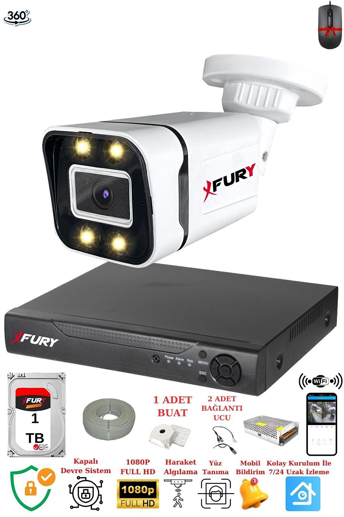 FURY 1 Kameralı Full Hd Gece Renkli - Su Geçirmez Ultra Led Güvenlik Kamerası Seti 1TB