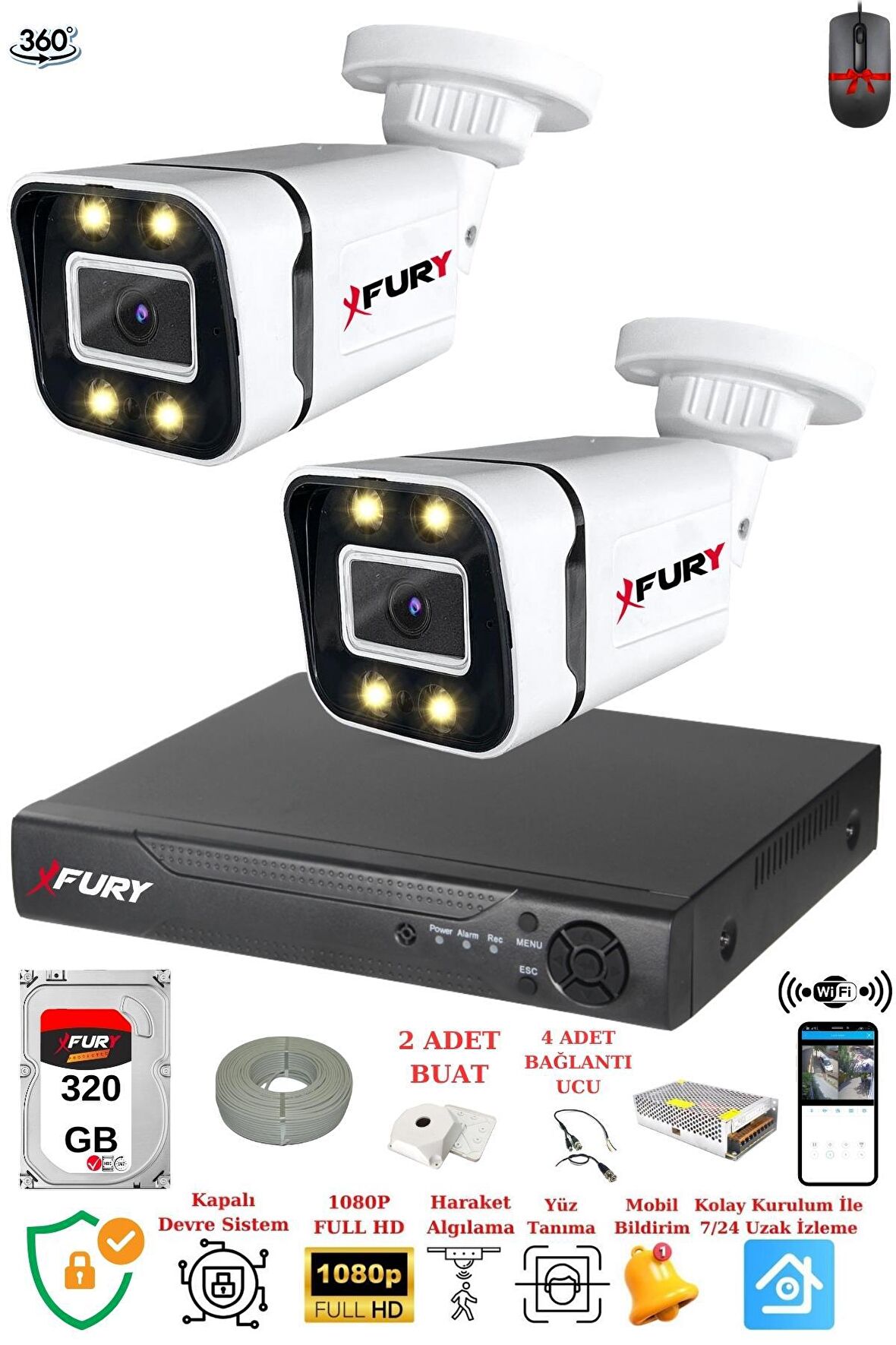 FURY 2 Kameralı Full Hd Gece Renkli - Su Geçirmez Ultra Led Güvenlik Kamerası Seti 320GB
