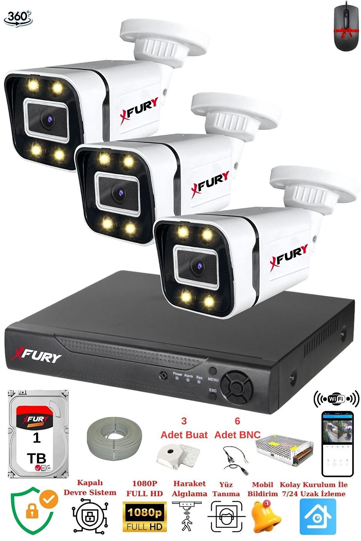 FURY 3 Kameralı Full Hd Gece Renkli - Su Geçirmez Ultra Led Güvenlik Kamerası Seti 1TB
