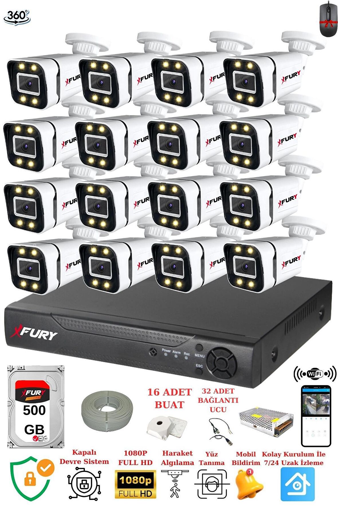 FURY 16 Kameralı Full Hd Gece Renkli - Su Geçirmez Ultra Led Güvenlik Kamerası Seti 500GB