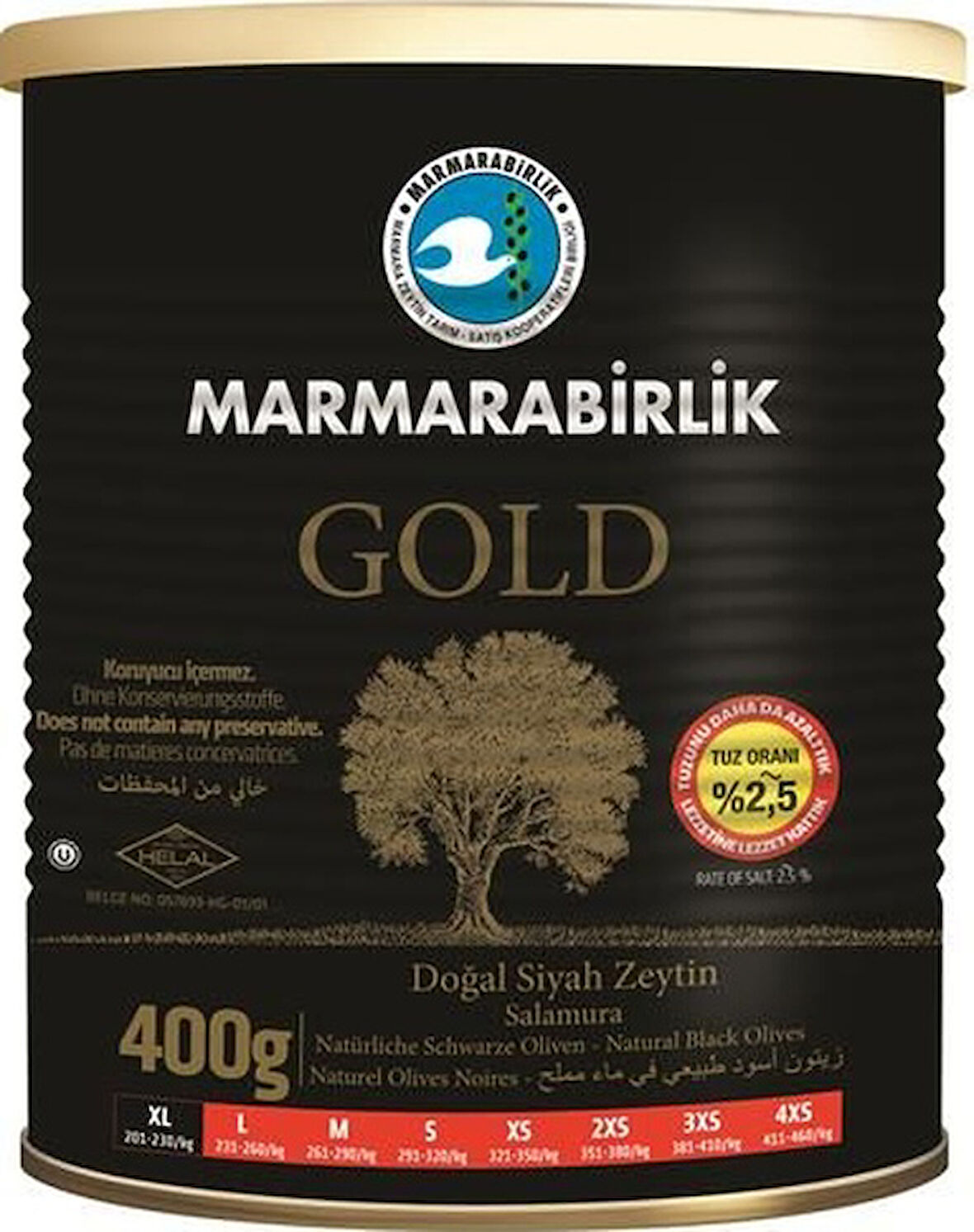 Marmarabirlik Gold Az Tuzlu Salamura 201-230 KB XL Siyah Zeytin Teneke 400 G