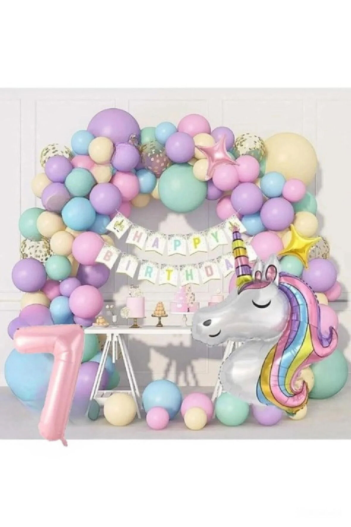 Kız Çocuklar Için 7  Yaş Unicorn Lüks Doğum Günü Parti Seti Süsü