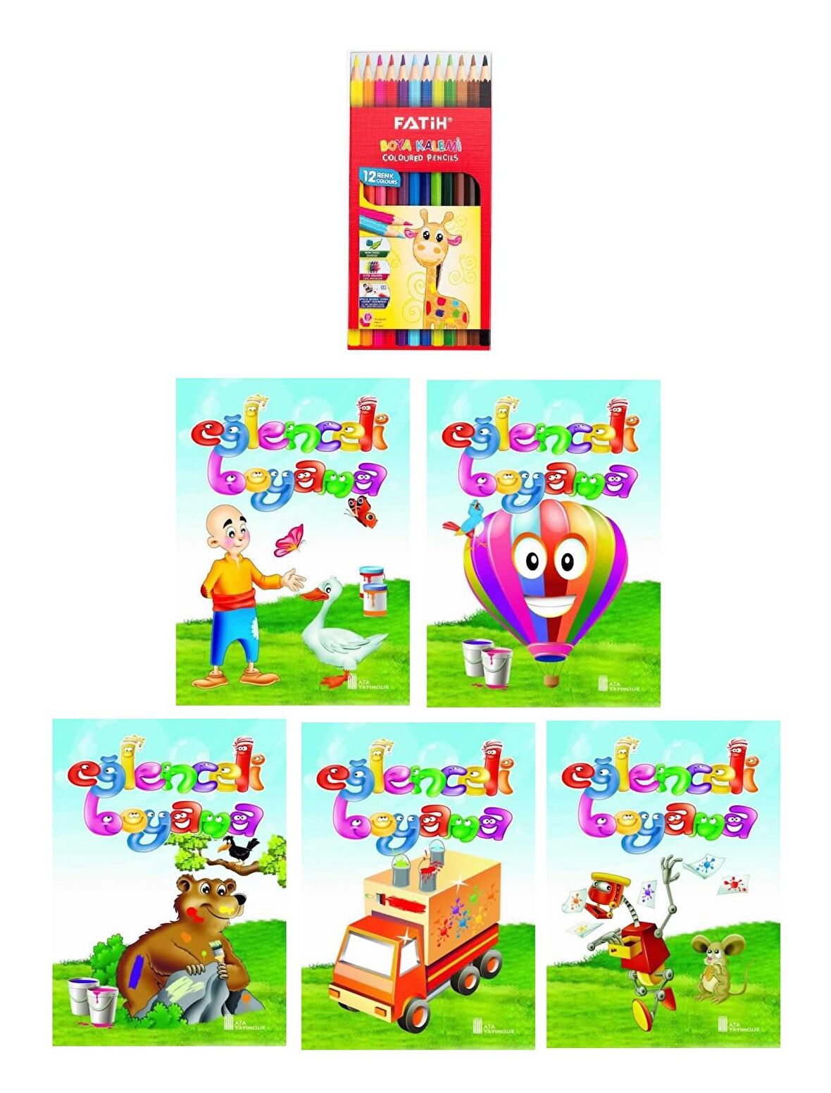 3-6 Yaş Eğlenceli Boyama Kitapları 5 li +Fatih 12 li Kuru Boya