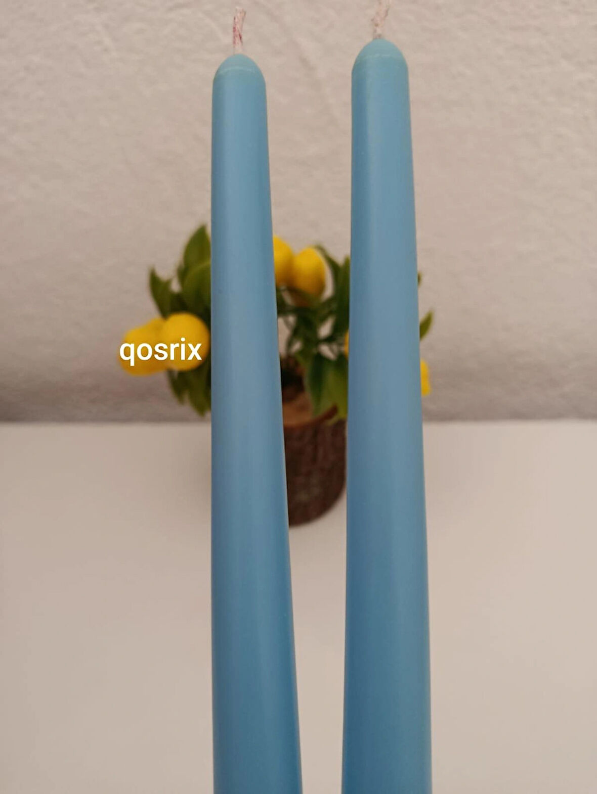 qosrix 2'li Açık Mavi Şamdan Soya Mumu 1. Kalite Soya Doğal Pudra Kokulu Uzun Çubuk Konik Mum Dekoratif