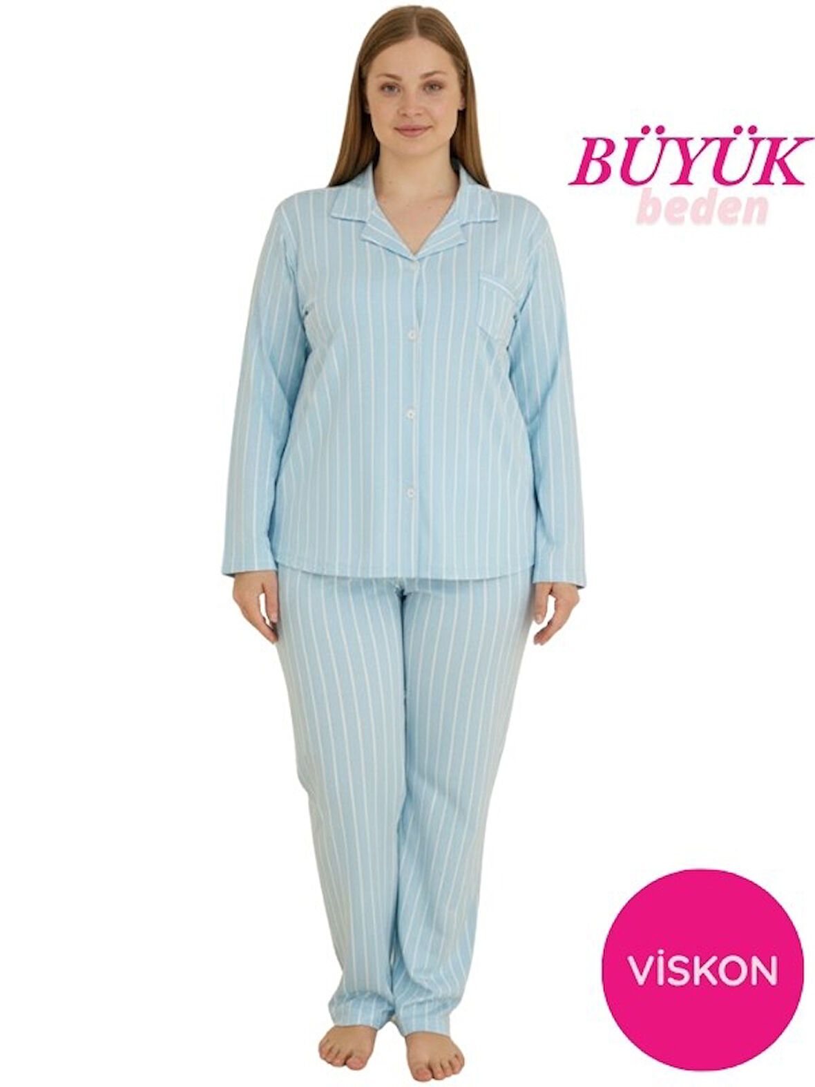 Kadın Büyük Beden Viskon Önden Düğmeli Gömlek Yaka Göğüs Cepli Uzun Kol Mevsimlik Pijama Takımı