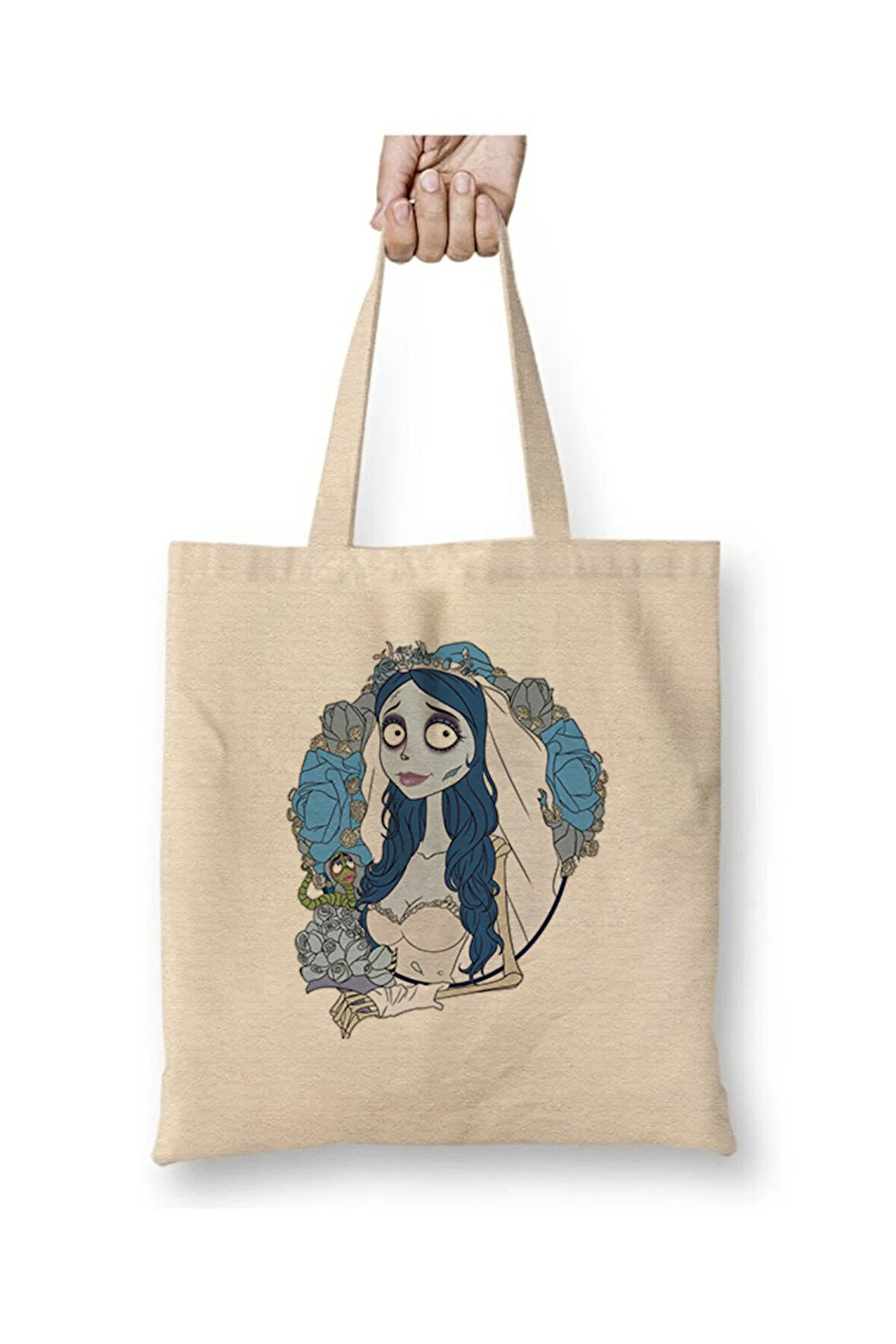 Emily Corpse Bride Beyaz Bez Çanta Uzun Saplı Alışveriş Çantası Plaj Çantası