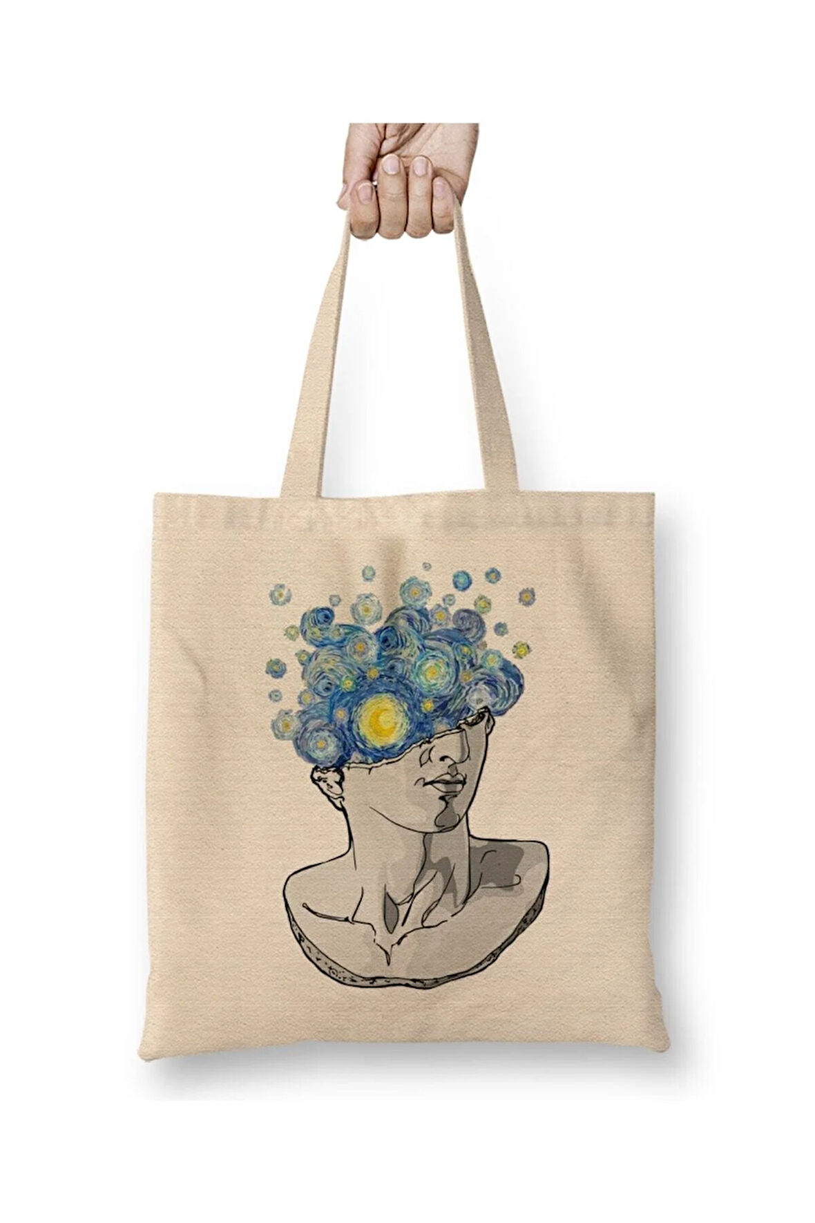 Yıldızlı Gece Heykel Van Gogh Bez Çanta Uzun Saplı Alışveriş Çantası Plaj Çantası