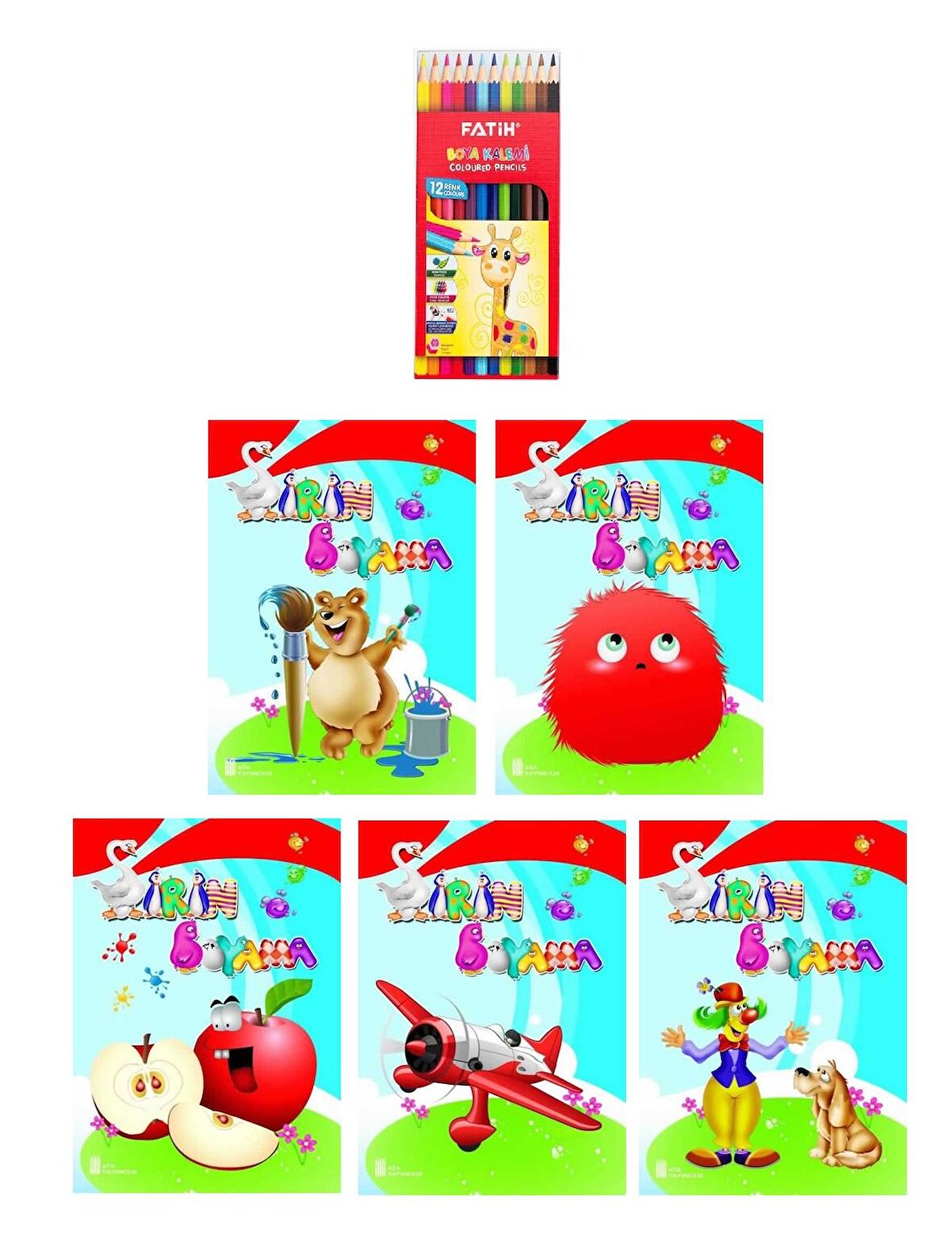 3-6 Yaş Şirin Boyama Kitapları 5 li +Fatih 12 li Kuru Boya