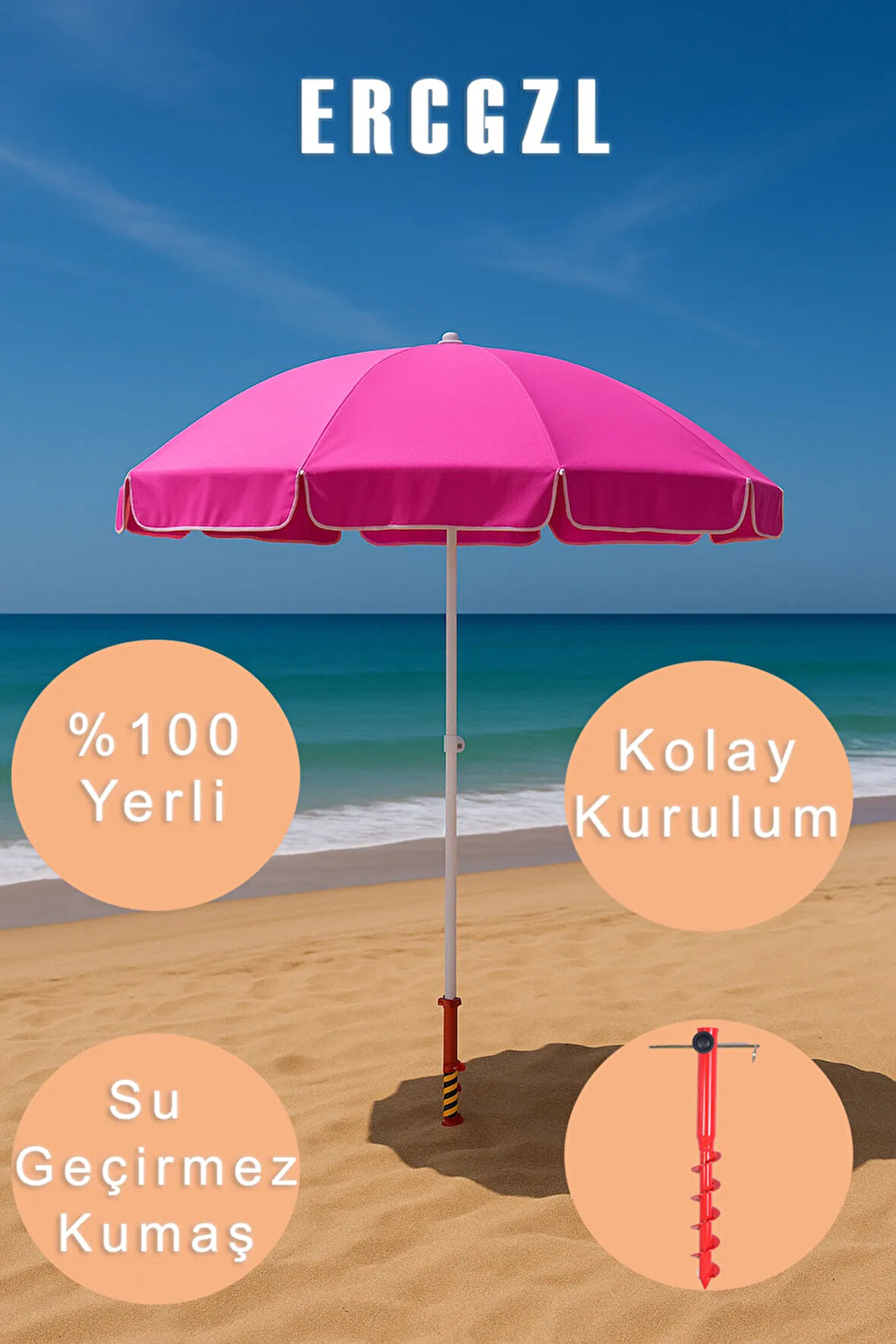 Plaj Şemsiyesi ve Şemsiye Sabitleme Kazığı Seti – UV Koruma, Su Geçirmez, 10 Telli