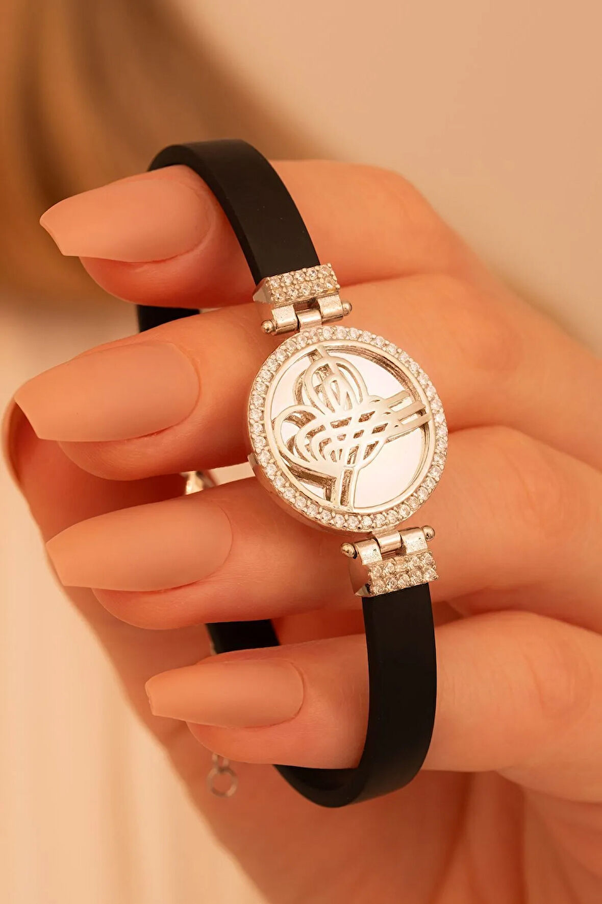 Kadın Gümüş Bileklik - Zirkon Taşlı Osmanlı Tuğralı  Gümüş Bileklik