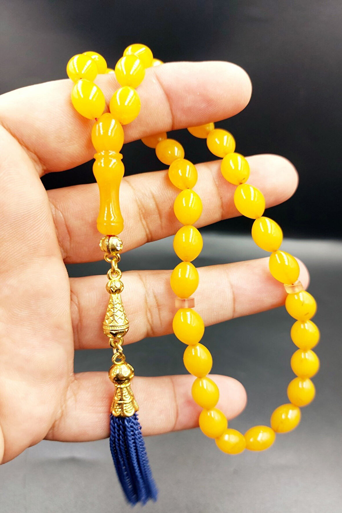 Arpa Kesim Sarı Alpaka Püsküllü Tespih (Ahşap Kutu)