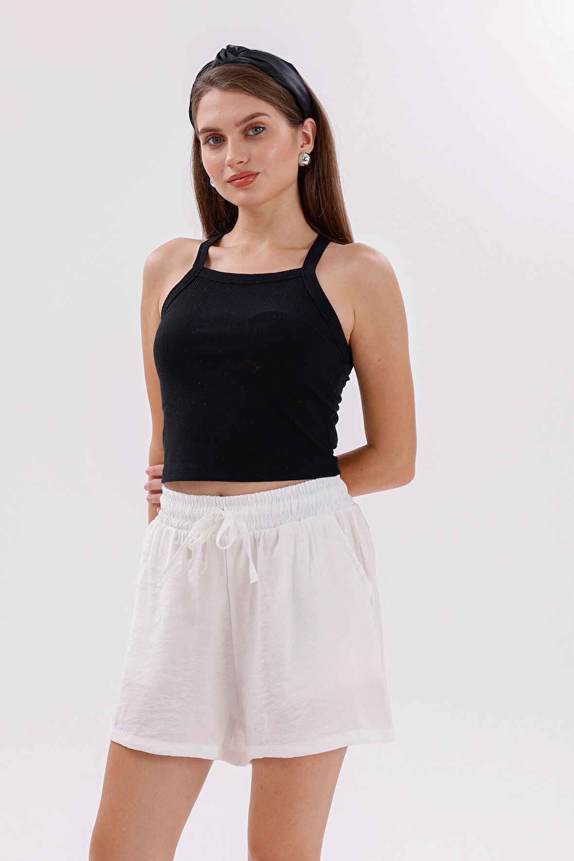 Genıus Store Kadın Şort Aerobin Pamuklu Cepli Çekmez Kumaş Beli Lastikli Şort 