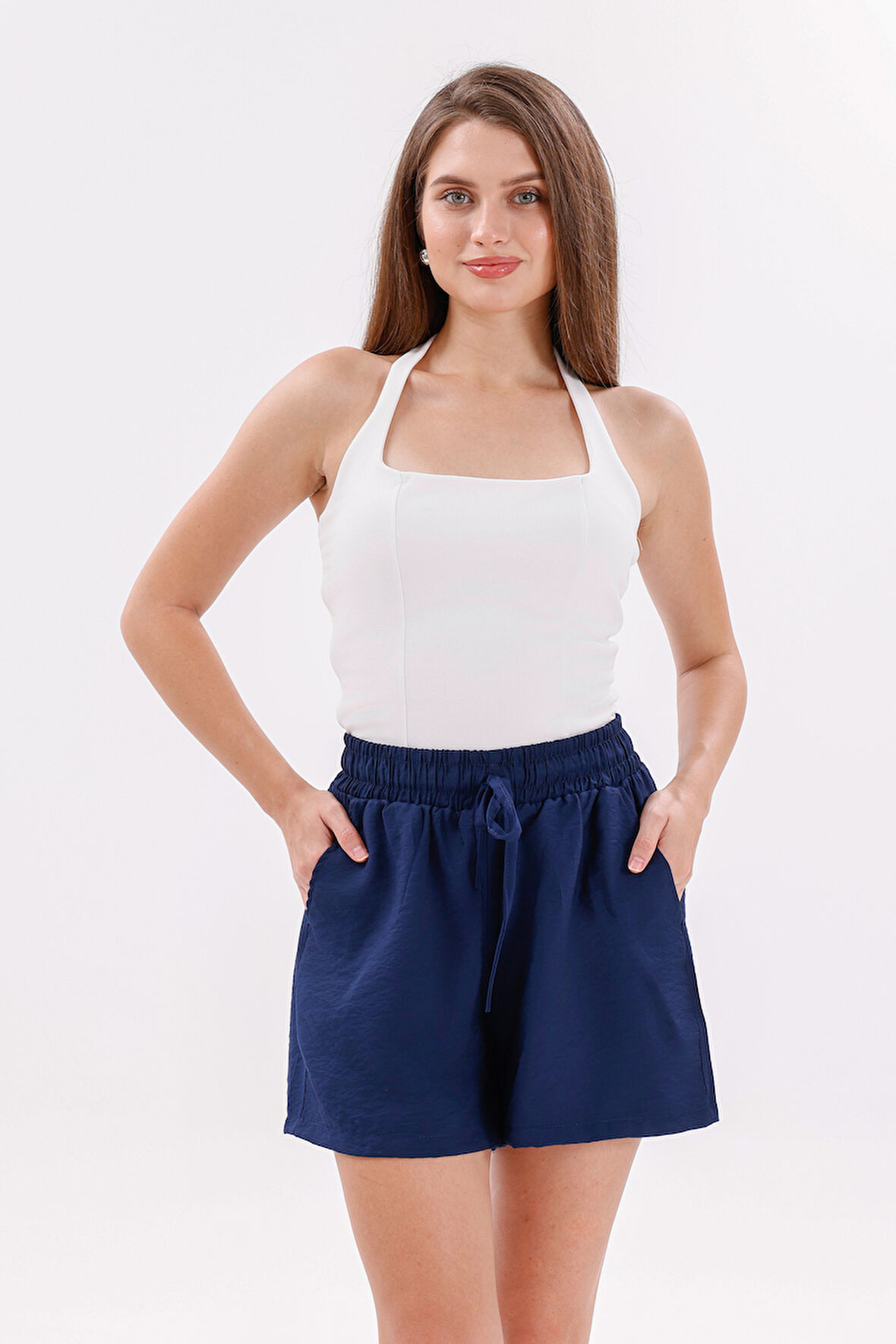 Genıus Store Kadın Şort Aerobin Pamuklu Cepli Çekmez Kumaş Beli Lastikli Şort 