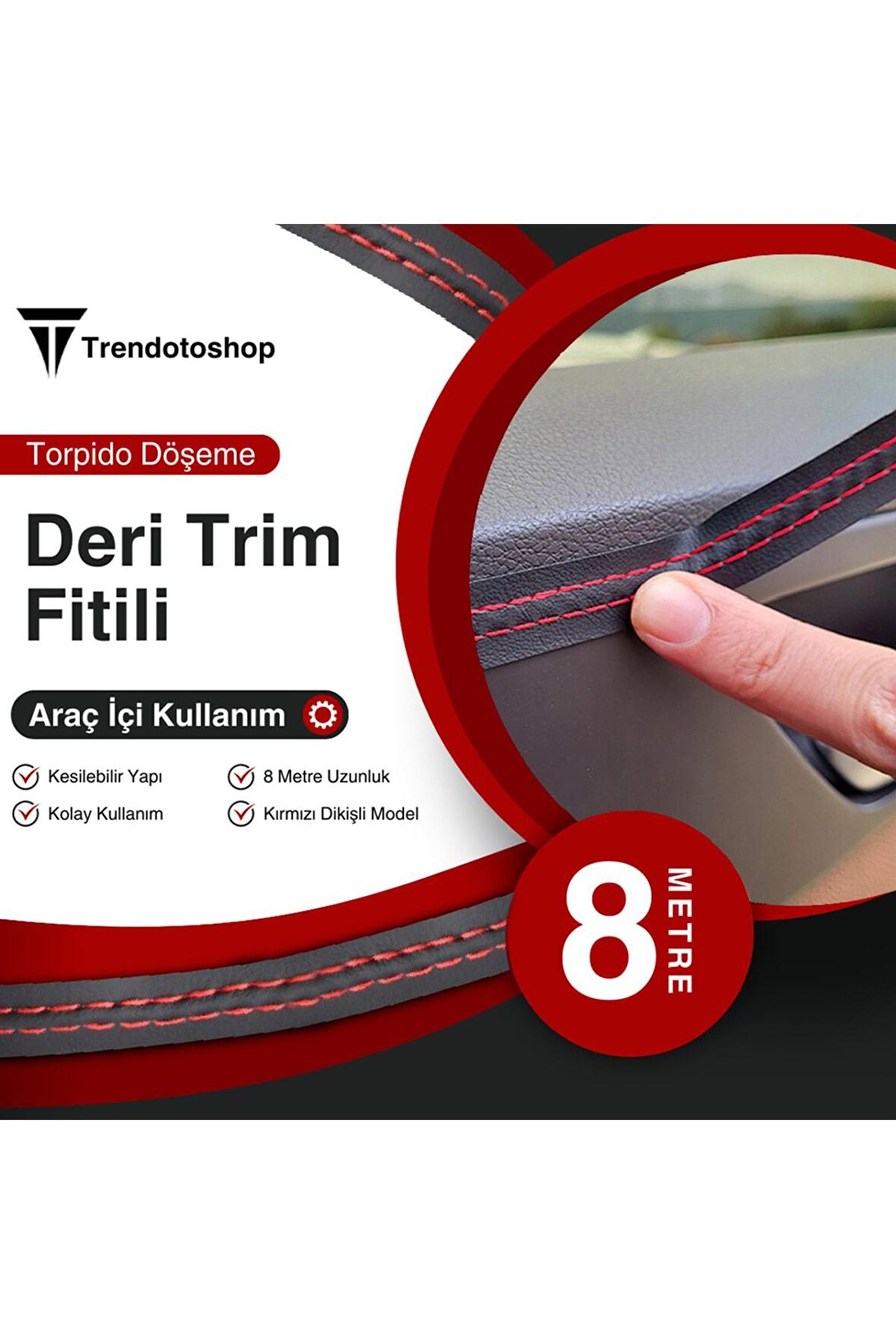 8 Metre Deri Trim Fitili Kırmızı Dikişli