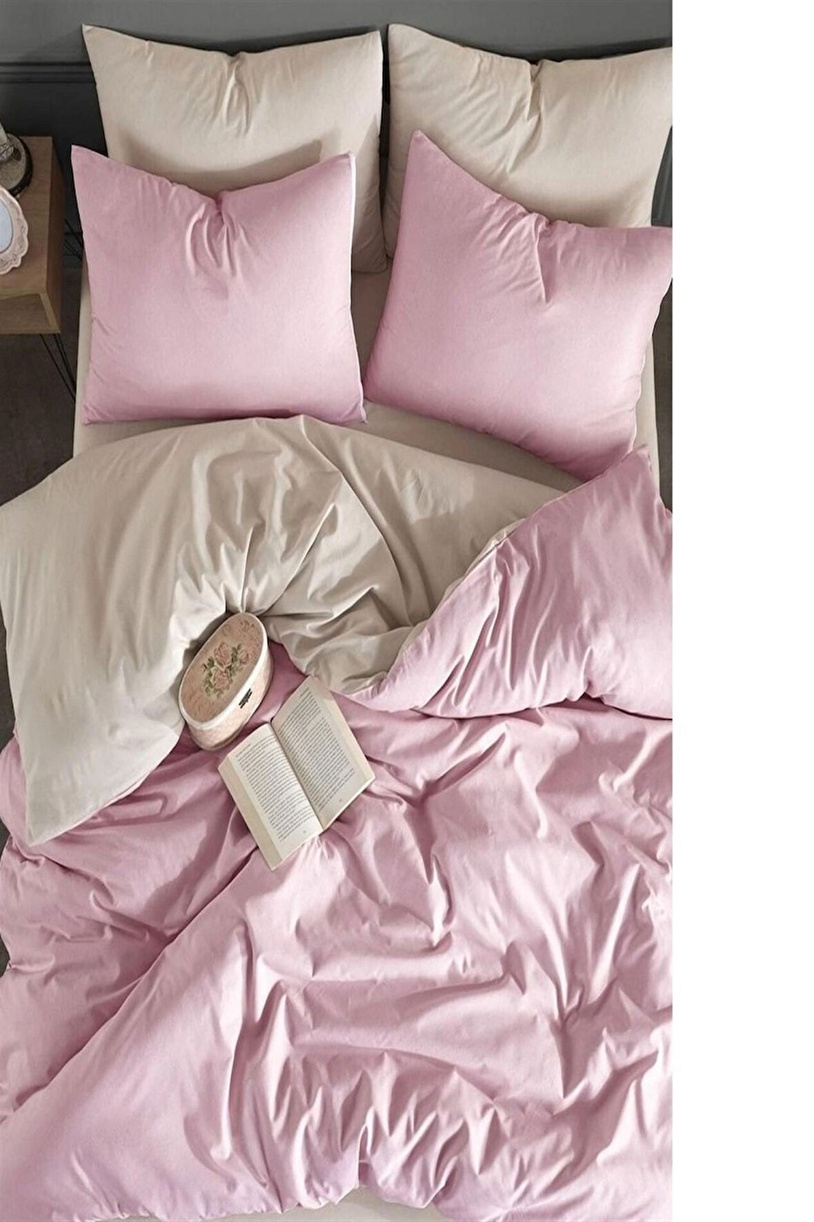 More Home  Lastikli Çarşaf  Çift Kişilik Nevresim Takımı Pudra Bej