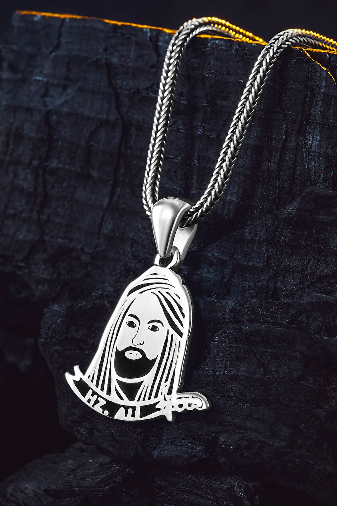 925 Ayar Gümüş Hz. Ali Motifli Zülfikar Kılıcı Tasarımlı Tilki Kuyruğu Erkek Kolye