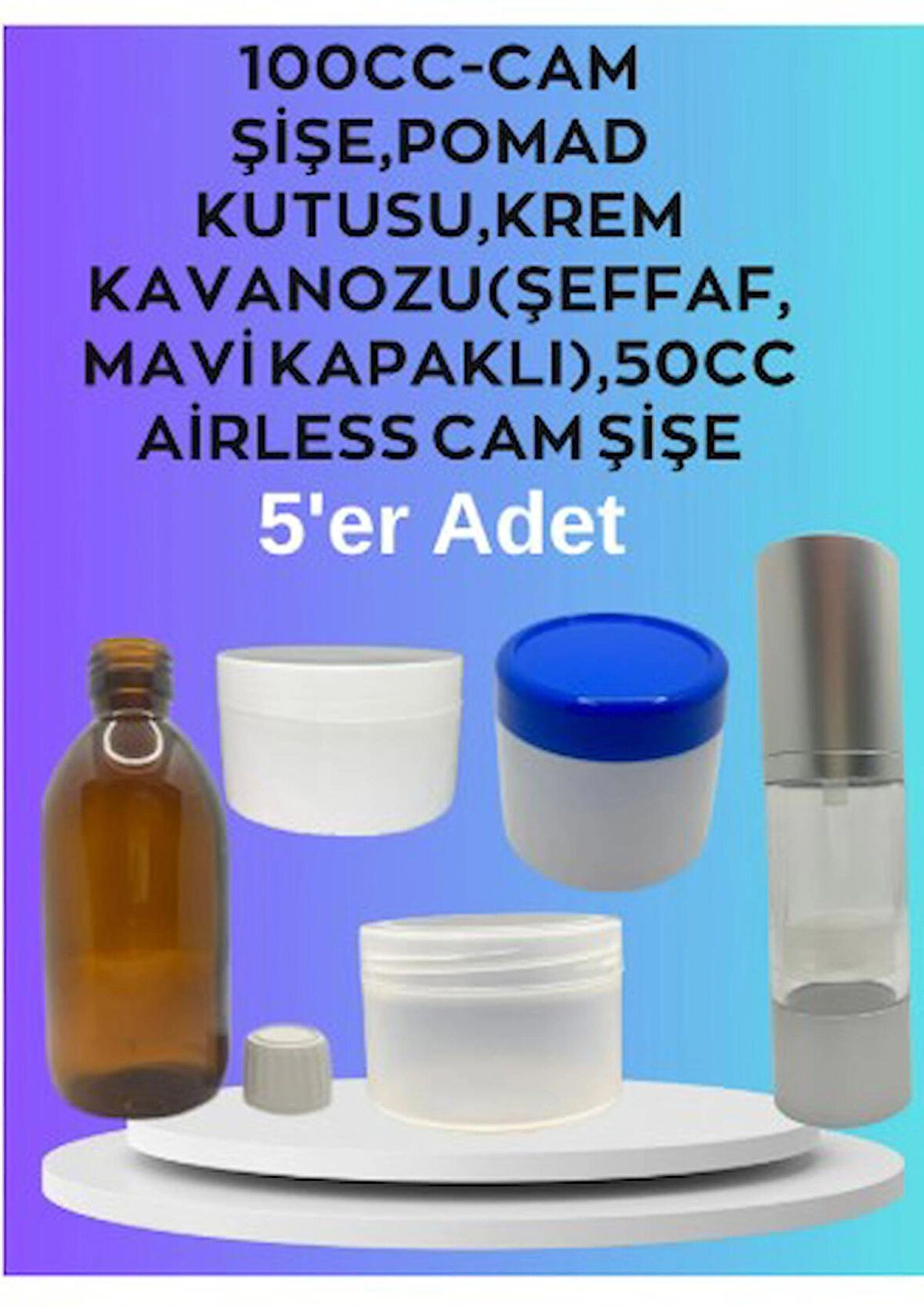 Cam Şişe&Kutu Set –100cc Amber Cam Şişe,Pomad Kutusu,Krem Kavanozu, Airless Cam Şişe 50cc – 5'li Set