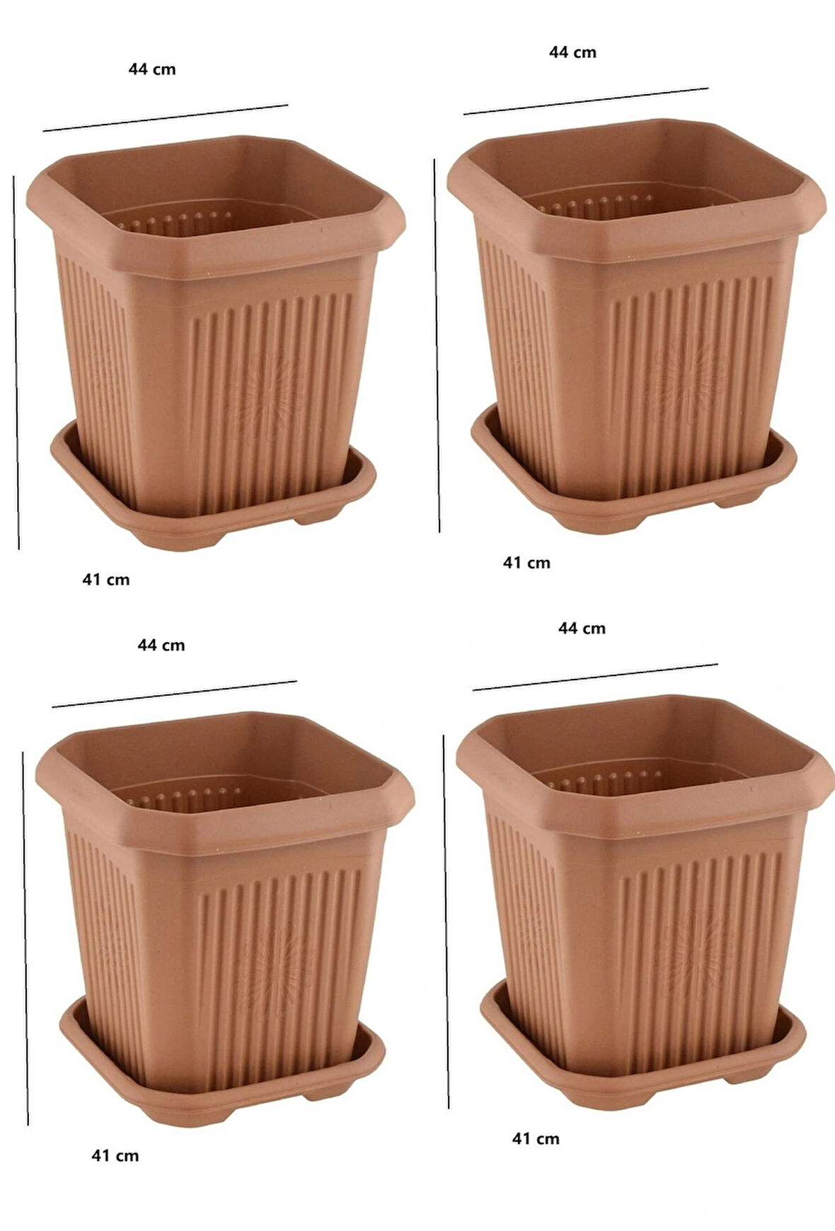 4 adet 44 Litre Plastik Kare Büyük Boy Bahçe Balkon Salon Çiçek Yada Ağaç Saksı 44*44*41 cm Tabaklı