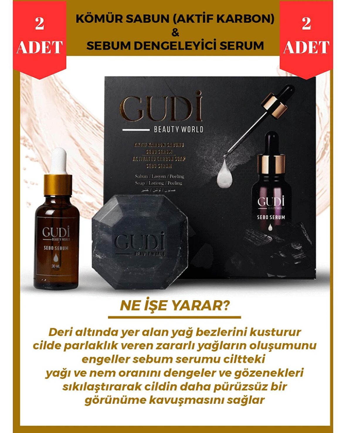 Aktif Kömür Sabunu 120 gr & Gözenek Sıkılaştırıcı,Cilt Yağı Dengeleyici Sebo Serum 35 ml x2 ADET