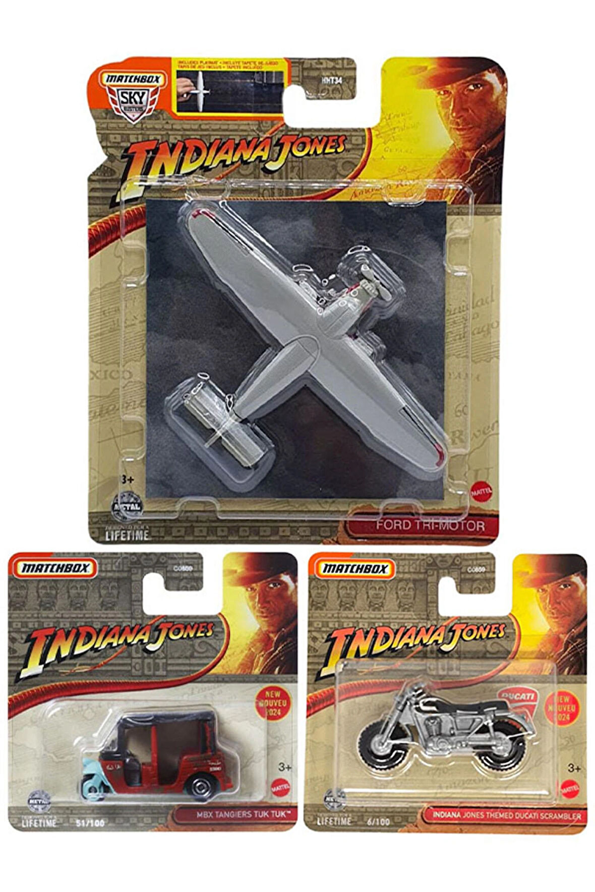 Matchbox 3 Araç İndiana Jones Set - Ford Tri-Motor & Ducati Scrambler & Mbx Tangiers Tuk Tuk (1/64)