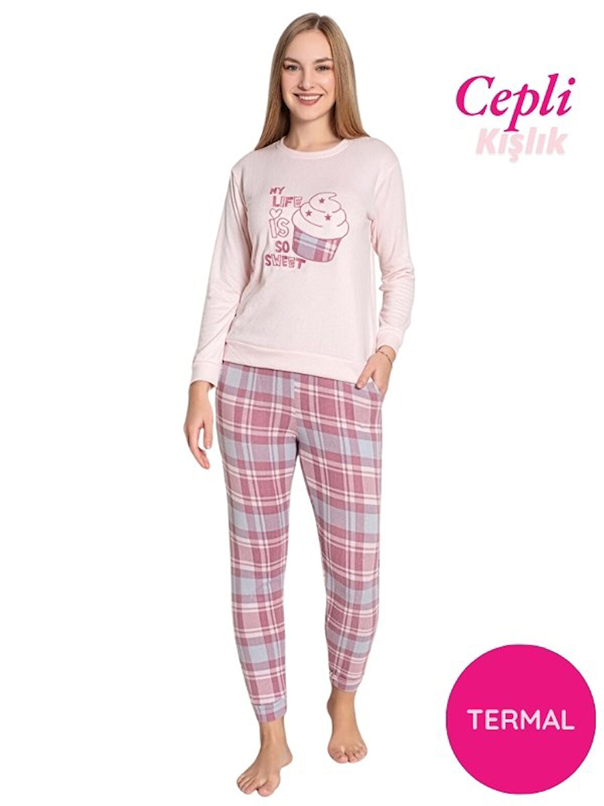 Kadın Bisiklet Yaka Düğmesiz Kışlık Termal Bilek Manşetli Jogger Uzun Kol Cepli Pijama Takımı