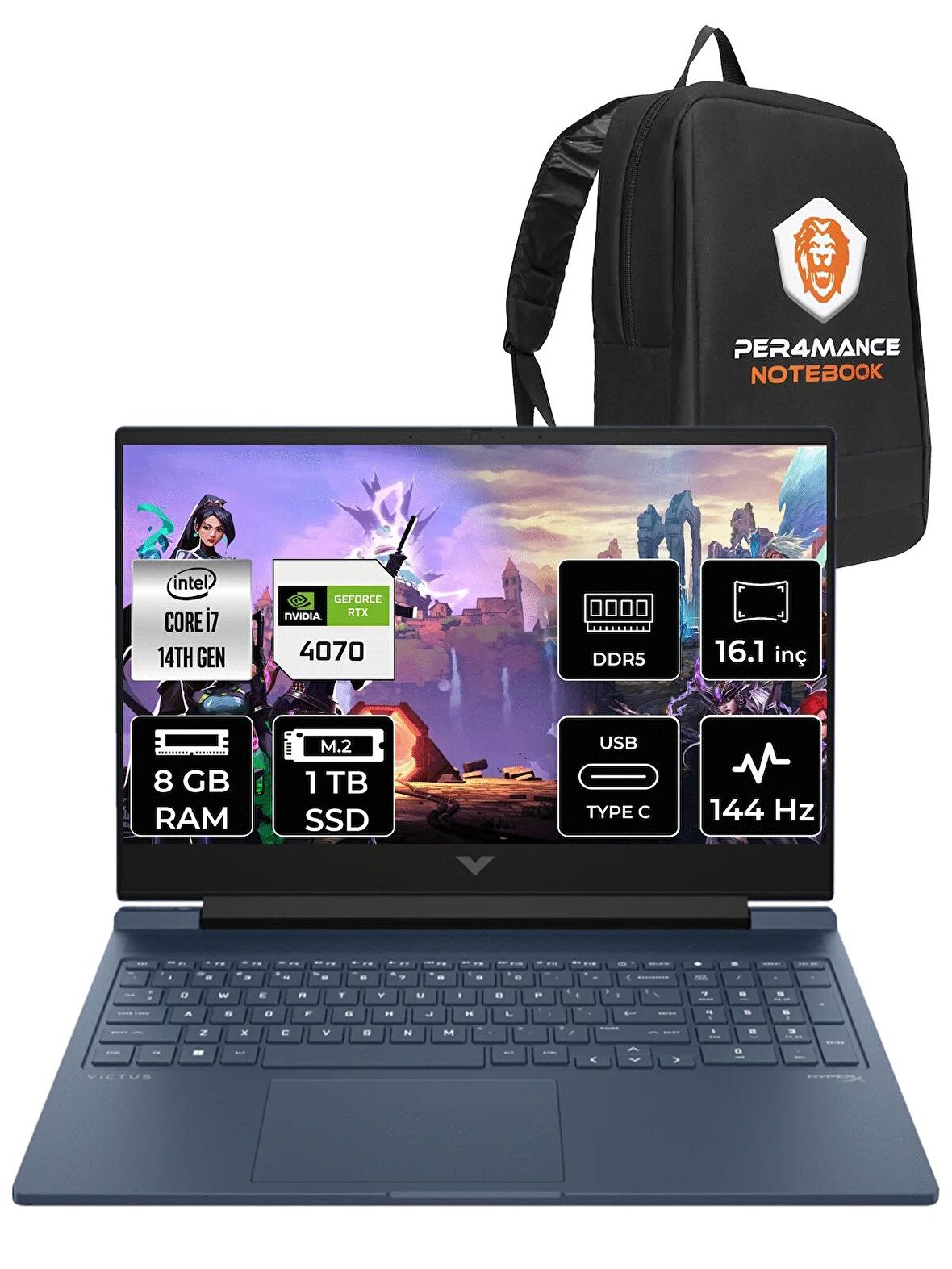 HP VİCTUS 16  i7-14700HX 8GB RAM 1TB SSD RTX4070/8GB 144Hz 16.1 FHD FDOS 9J221EA & PER4 ÇANTA
