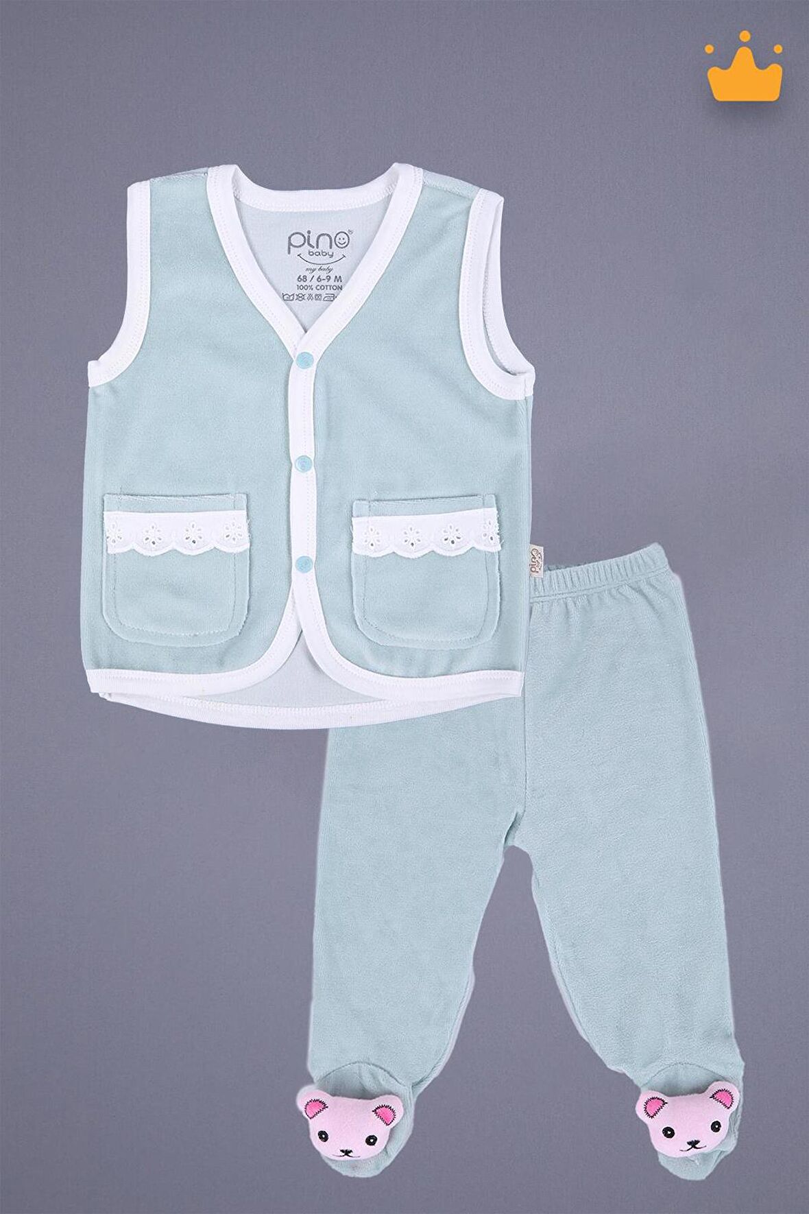 Babyhola Kadife Yelek Patikli Pantolon Unisex Bebek 2'li Set Yeşil