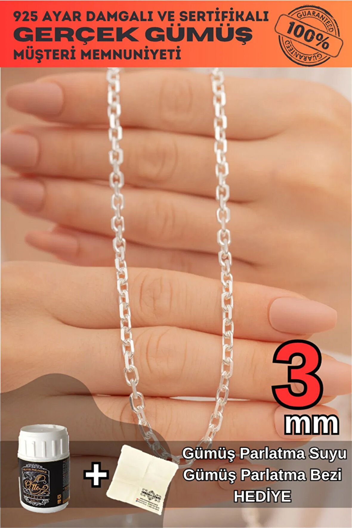 Kadın Gümüş Kolye - 3mm Forse Model 925 Ayar kadın Gümüş Kolye Zincir