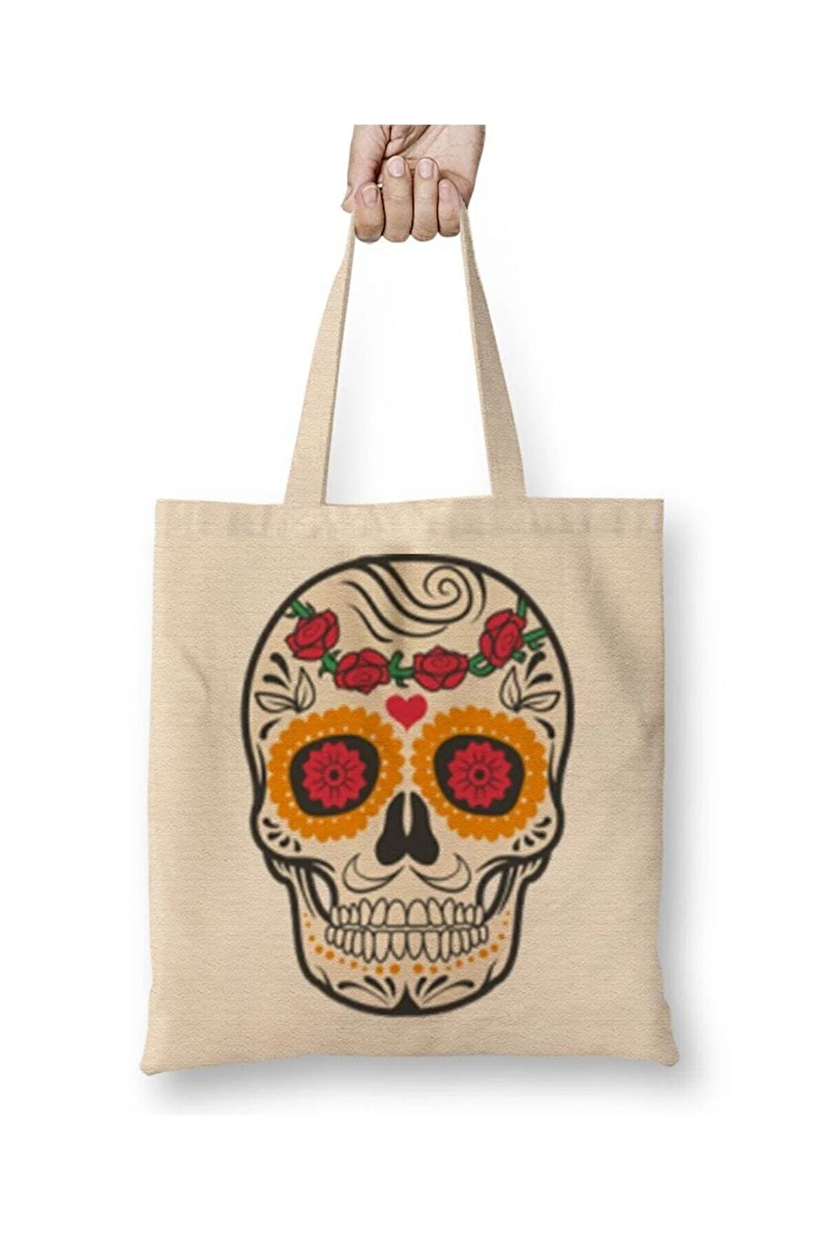 Desenli Kuru Kafa Beyaz Bez Çanta Uzun Saplı Alışveriş Çantası Plaj Çantası