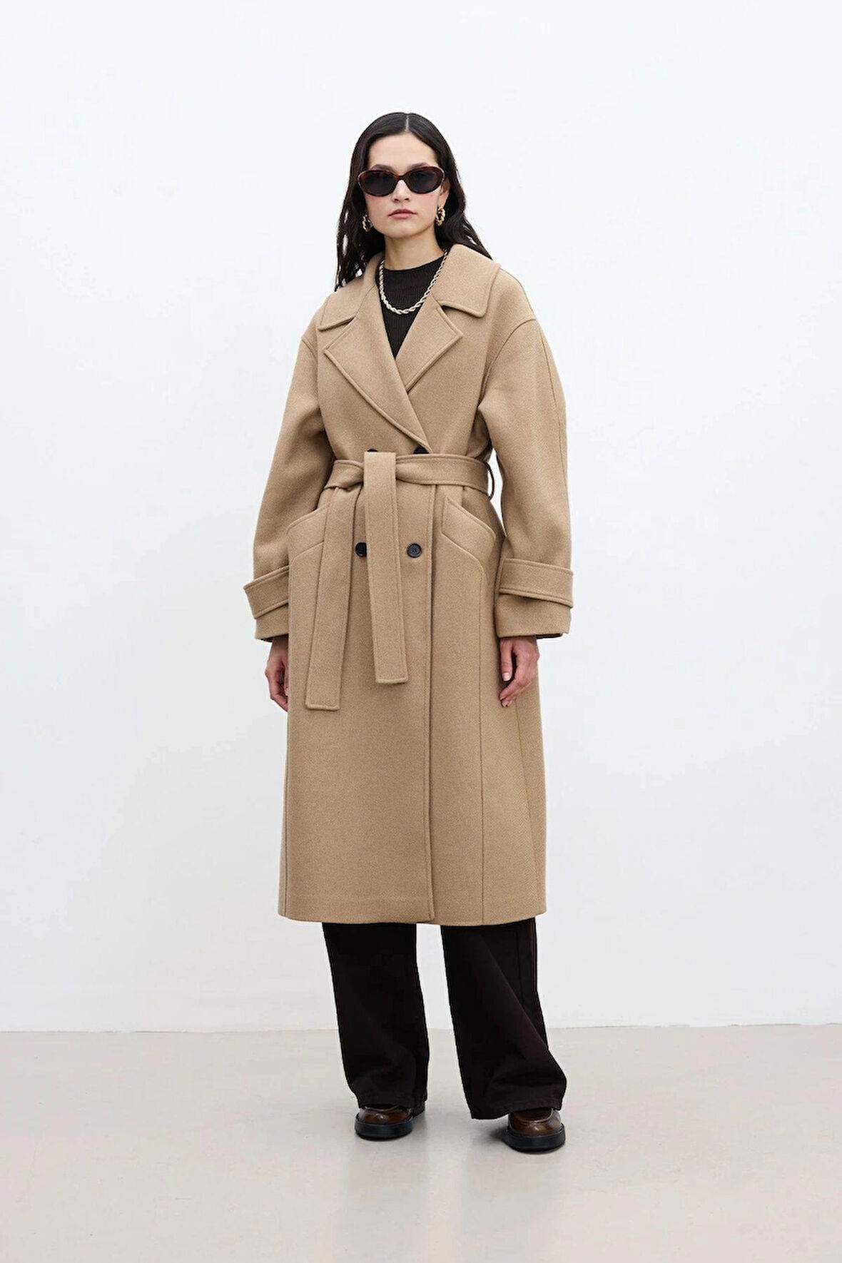 Kemerli Oversize Premium Kadın Kaşe Kaban