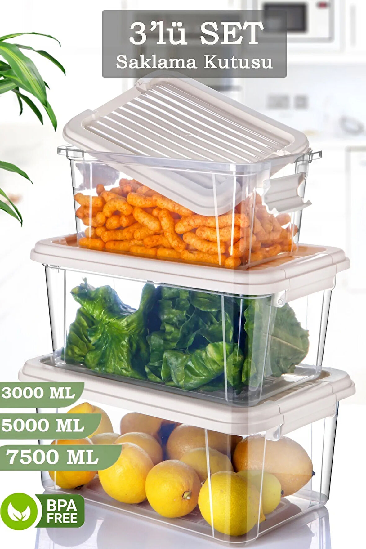 3'lü Set Kilit Kapaklı Erzak Saklama Kabı Çok Amaçlı Düzenleyici Kutu Gıda Bakliyat Kabı 3-5-7,5 Lt