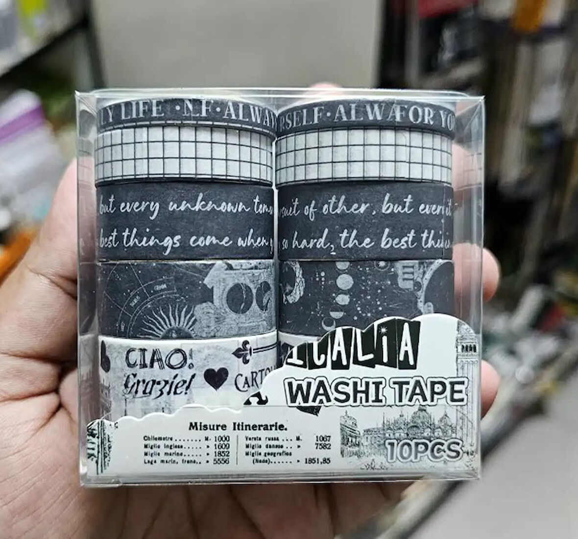 Vintage Washi Tape Bant Siyah Beyaz Yapışkanlı Maskeleme Kağıdı Desenli bant 10 lu - İtalya Ay Yazı