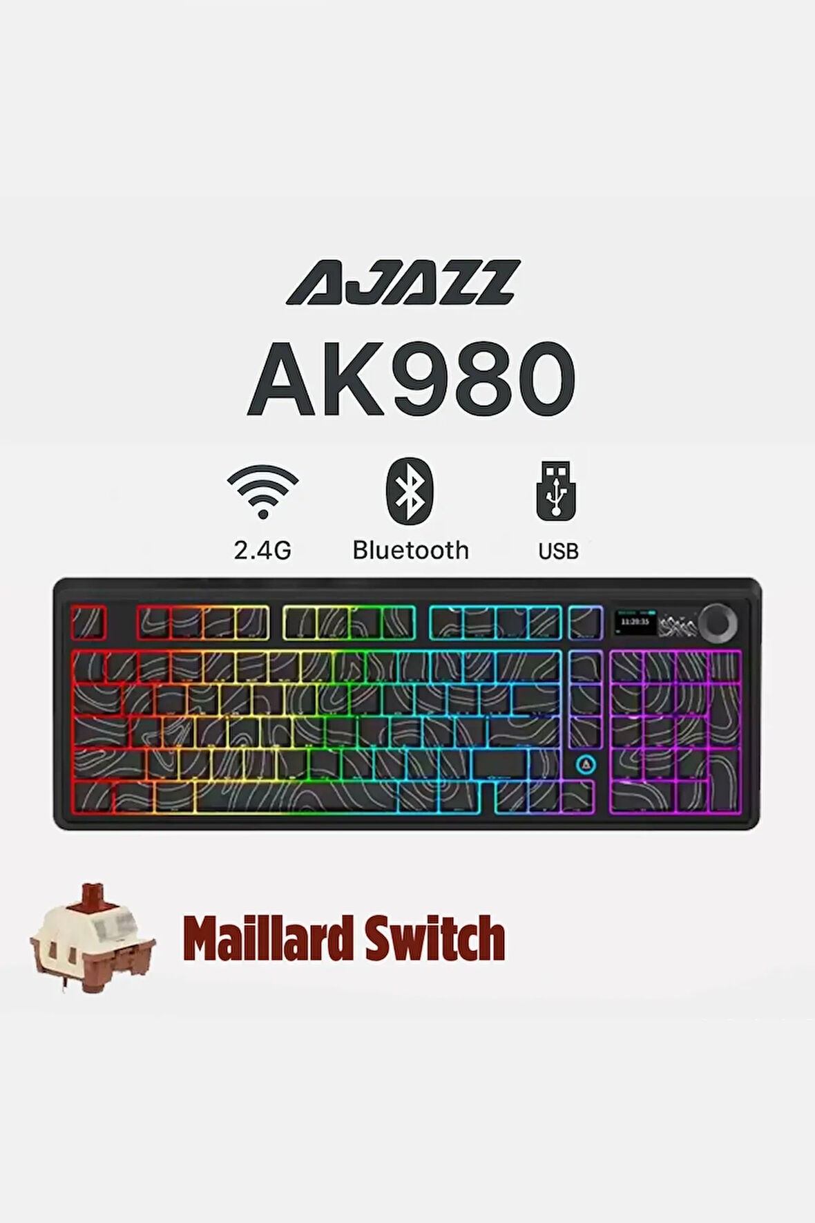 AK980 3 Modlu Hot-Swap TFT Ekranlı Mekanik Oyun Klavyesi-800 Mah Batarya Dinamik RGB