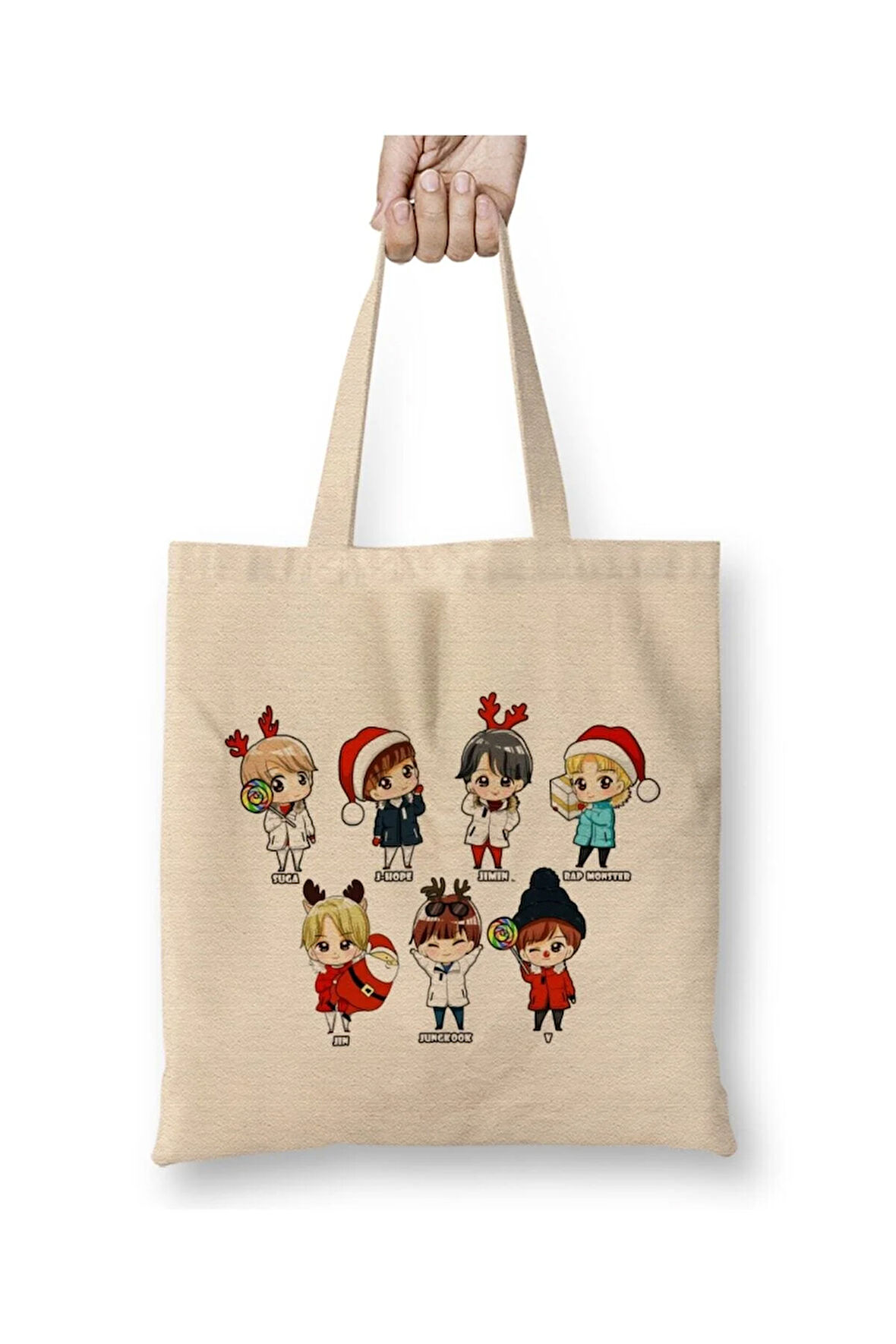 Kpop Bts Chibi Christmas Beyaz Bez Çanta Uzun Saplı Alışveriş Çantası Plaj Çantası