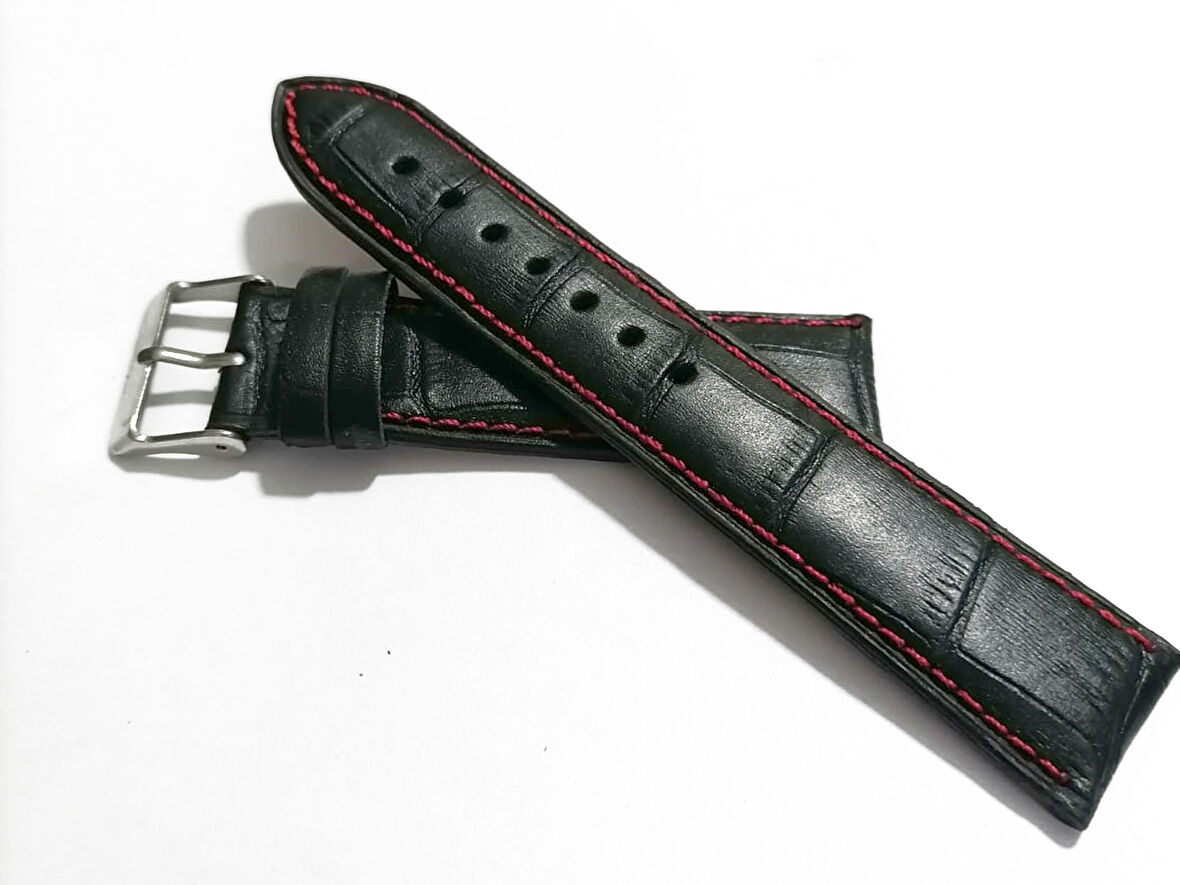 Fado  Seiko Uyumlu &Her Saate Uyumlu   Hakiki  Dana  Derisi Saat Kordonu  22 mm  ( 131)  Kırmızı Dikişli  siyah