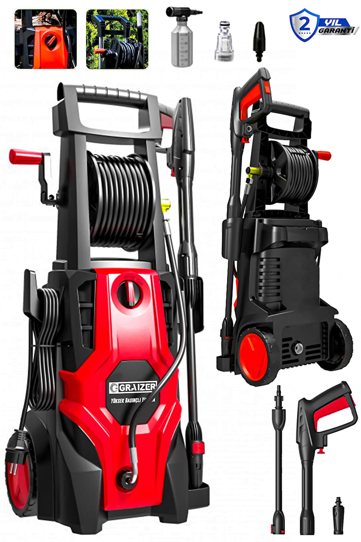 Graizer Alman 180 Bar Daflong Series Musluk Ve Kovadan Çekme Yüksek Basınçlı Bahçe Oto Yıkama Makinesi Kırmızı
