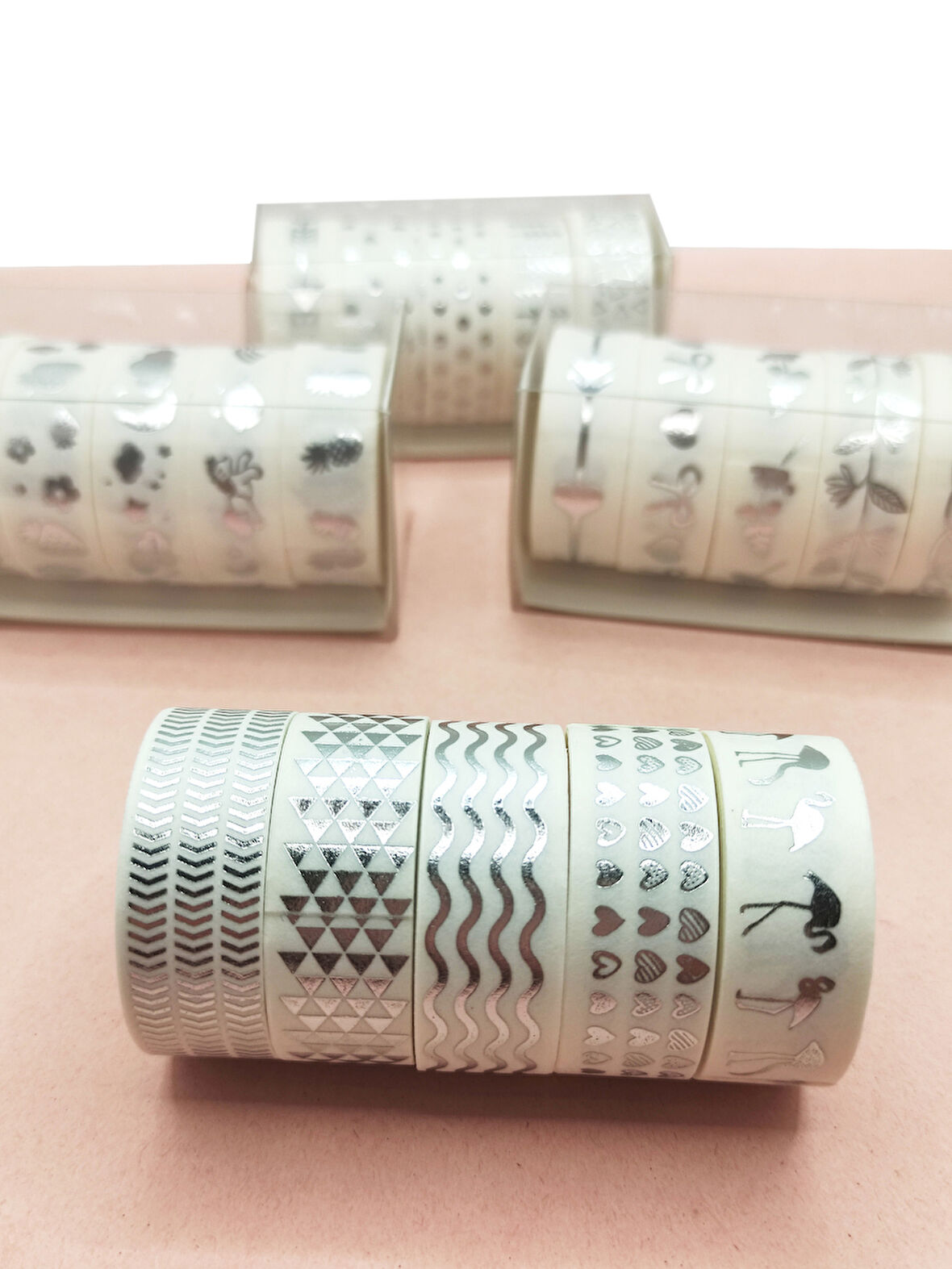 Gümüş Yaldızlı Vintage Washi Tape Bant Yapışkanlı Maskeleme Kağıdı 6 lı - Flamingo