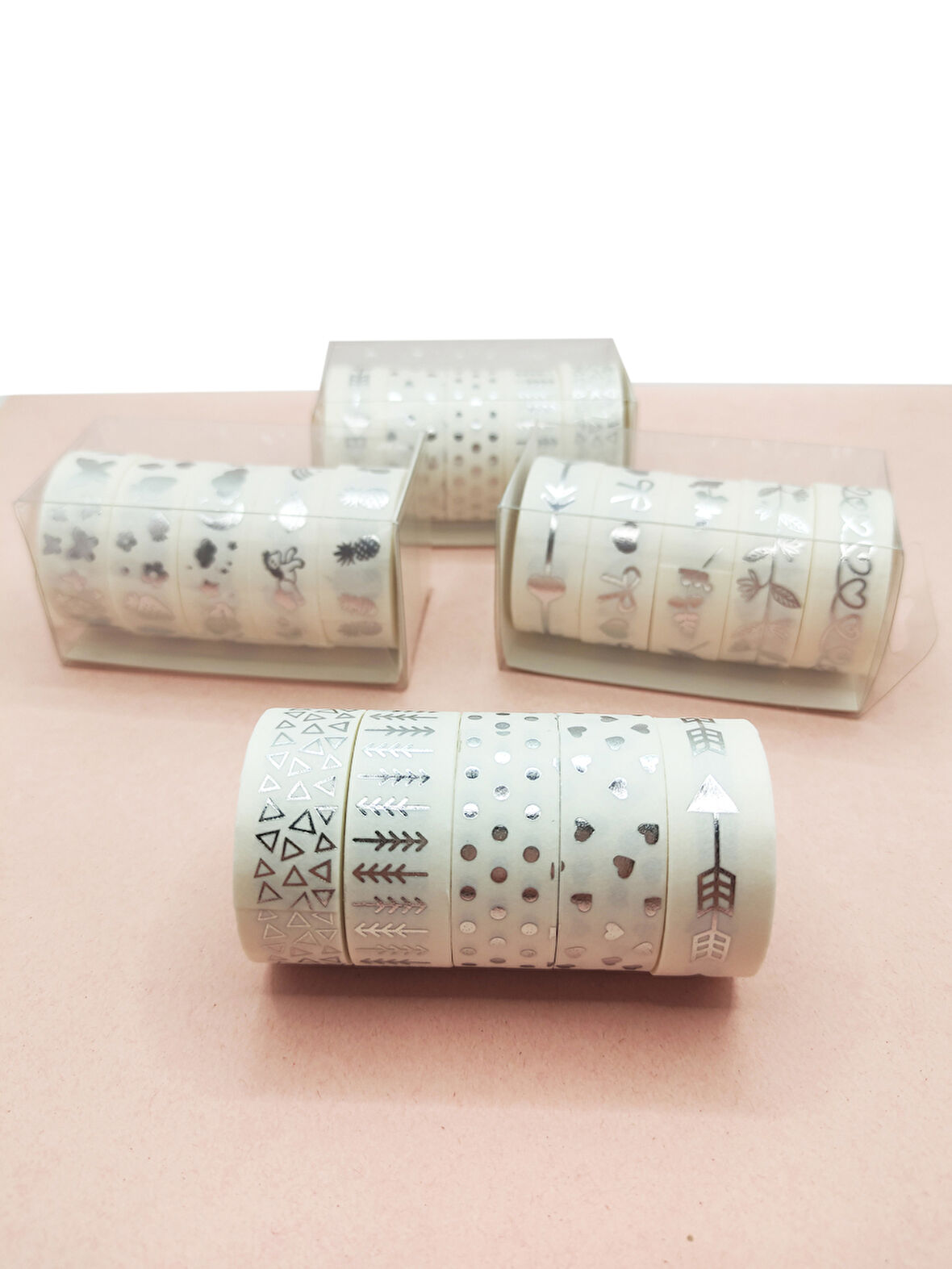 Gümüş Yaldızlı Vintage Washi Tape Bant Yapışkanlı Maskeleme Kağıdı 6 lı - Üçgen Kalp Ok