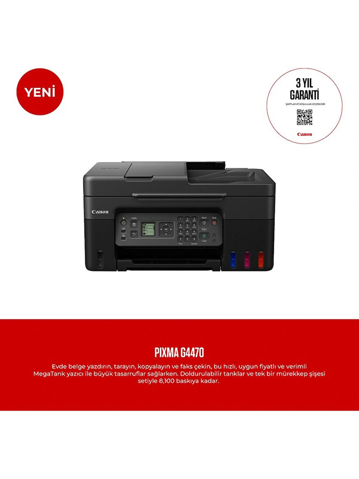 (OUTLET) Canon PIXMA G4470 Çok Fonksyonlu Renkli Mürekkep Tanklı Yazıcı/ Fotokopi + Tarama + Faks/ Wifi/ Airprint (Canon Eurasia Garantili)