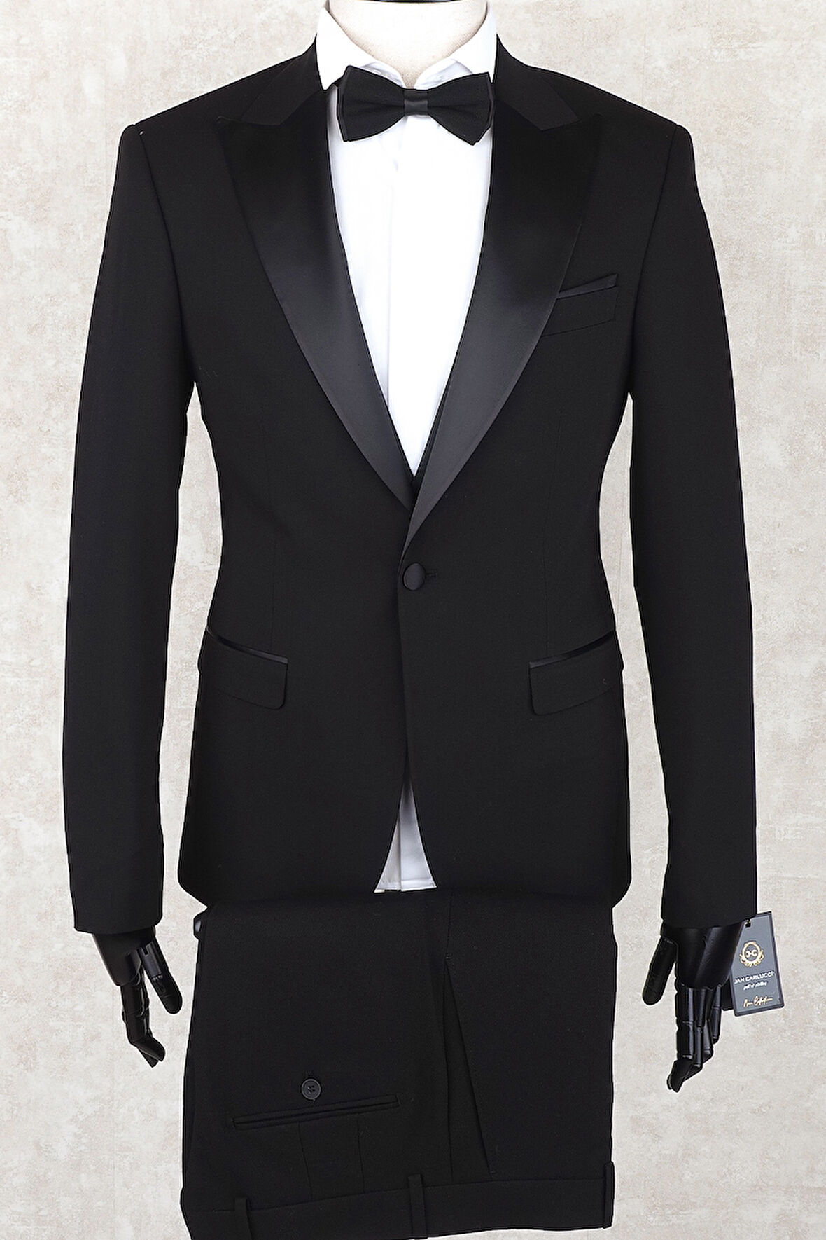 Jan Carlucci Slim Fit Saten Sivri Yaka-Çift Yırtmaç  Siyah Drop 6 Damatlık Smokin - Full Set Yelek, Gömlek, Papyon 